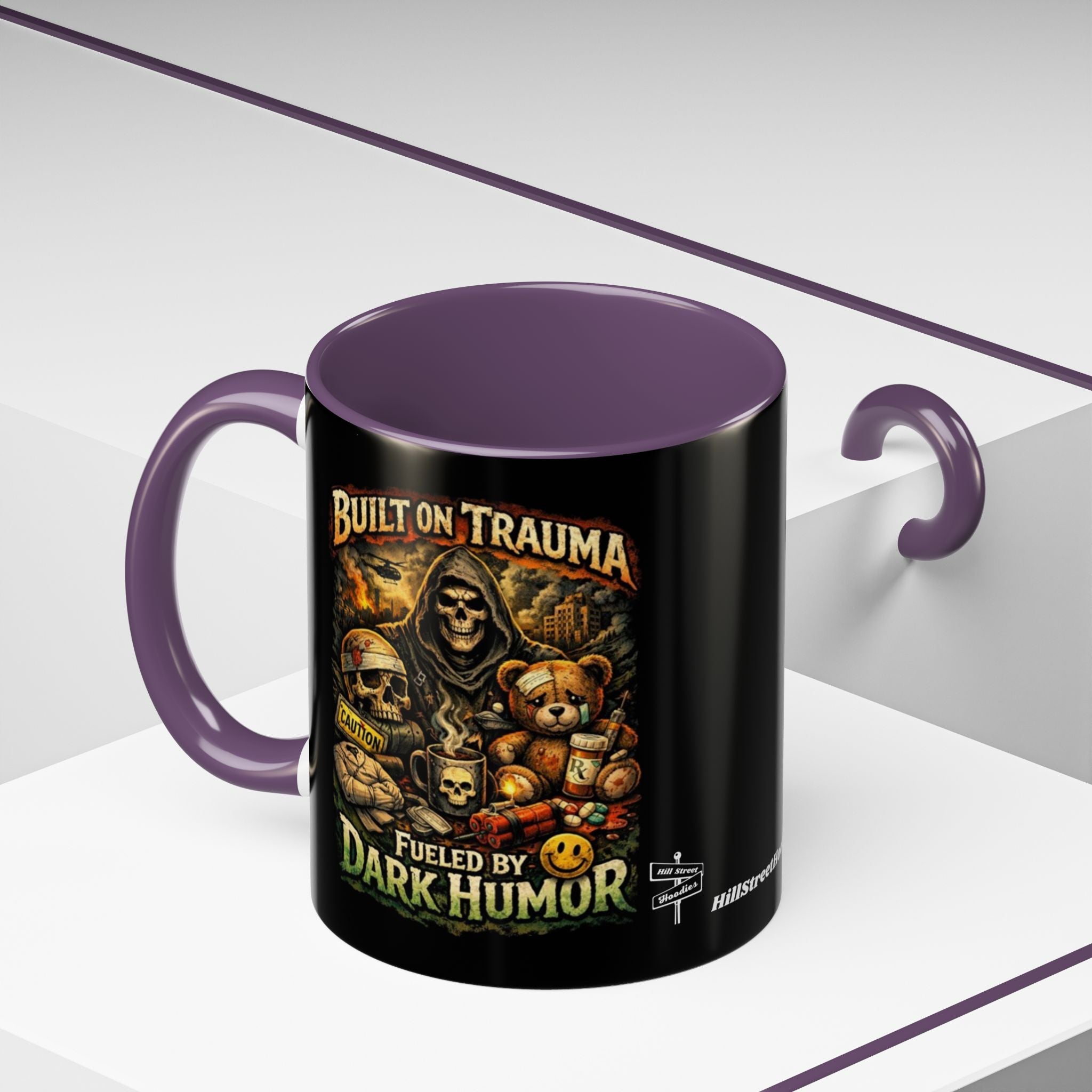 Coffee Mug — "Built on Trauma, Fueled by Dark Humor" Gothic Skull Accent Mug