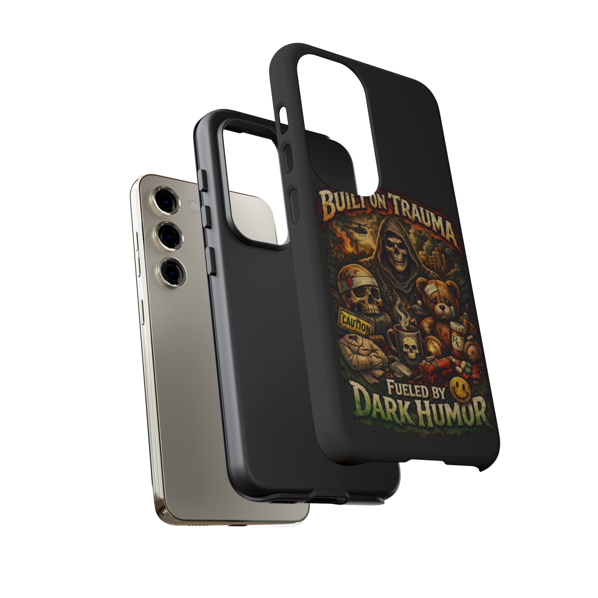 Phone Case — "Built on Trauma Fueled by Dark Humor" Grim Reaper Skull Teddy Design