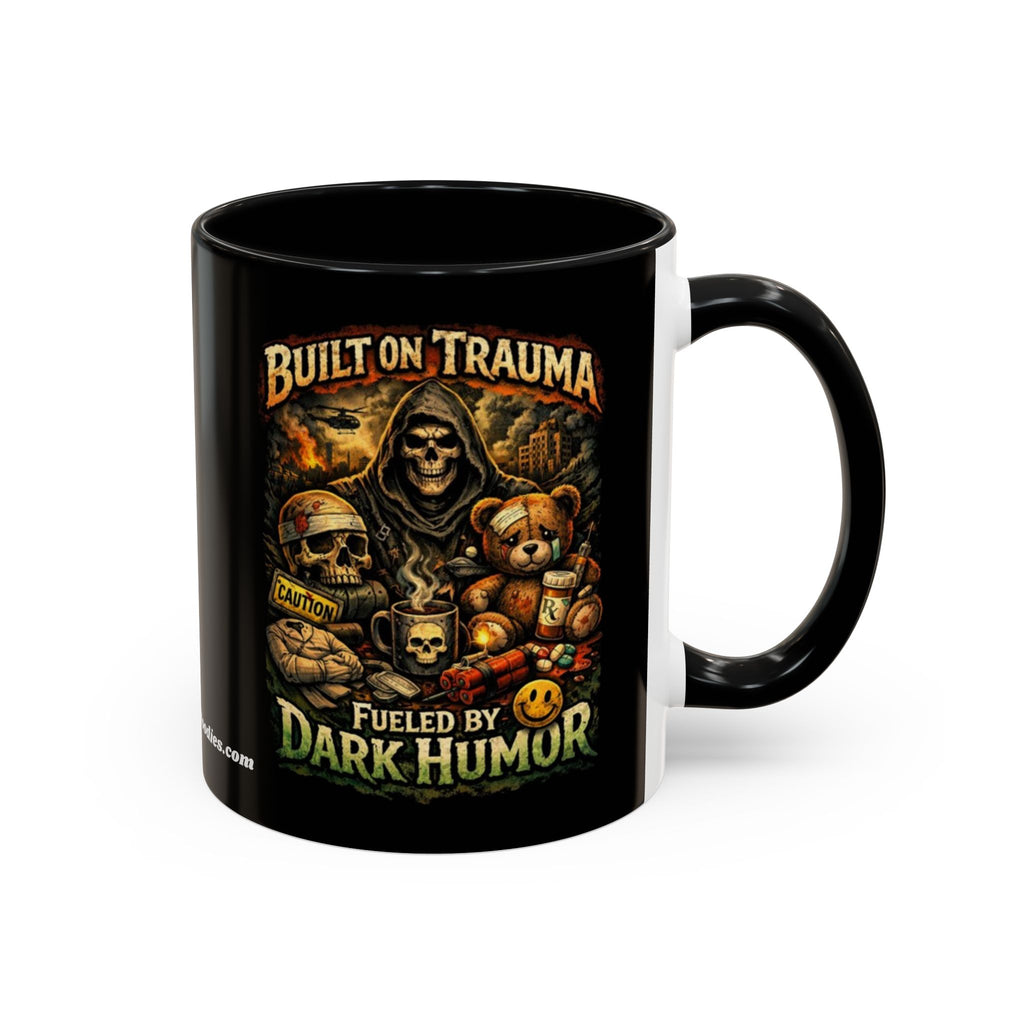 Coffee Mug — "Built on Trauma, Fueled by Dark Humor" Gothic Skull Accent Mug