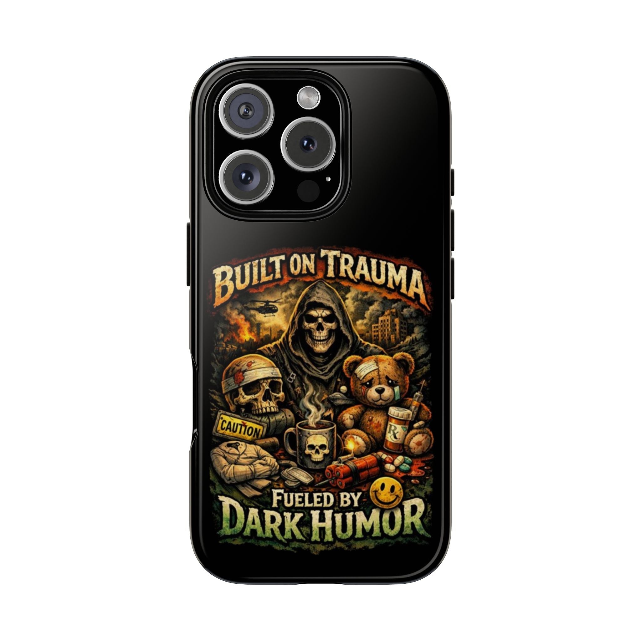 Phone Case — "Built on Trauma Fueled by Dark Humor" Grim Reaper Skull Teddy Design