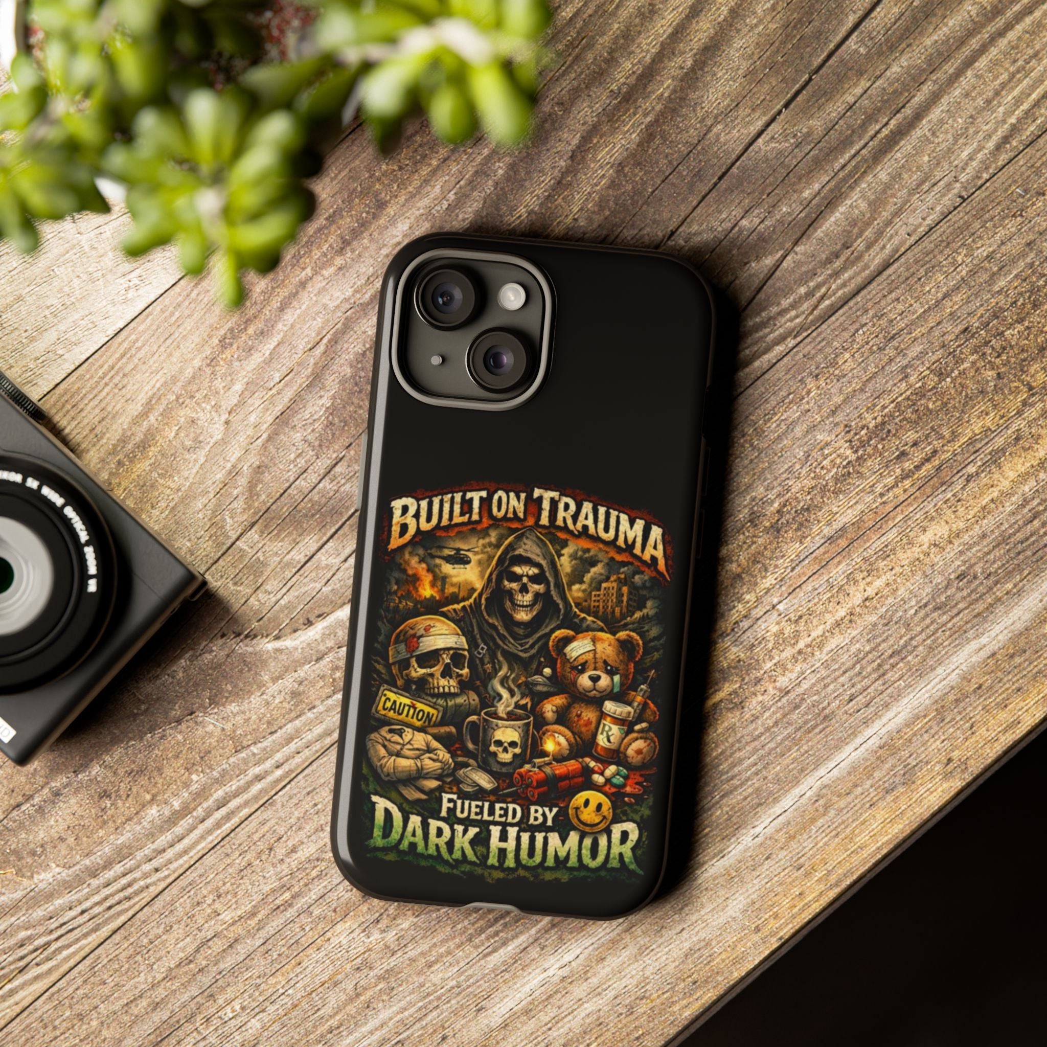 Phone Case — "Built on Trauma Fueled by Dark Humor" Grim Reaper Skull Teddy Design
