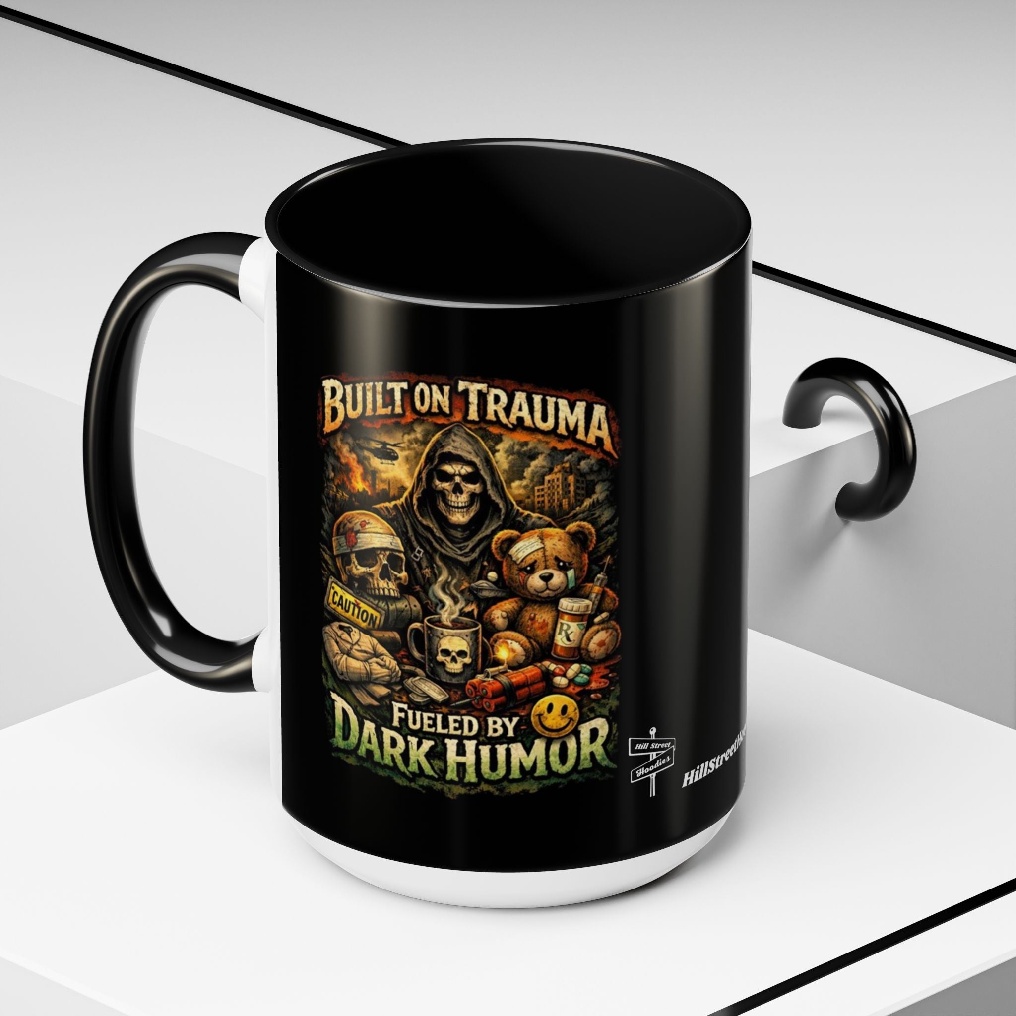 Coffee Mug — "Built on Trauma, Fueled by Dark Humor" Gothic Skull Accent Mug