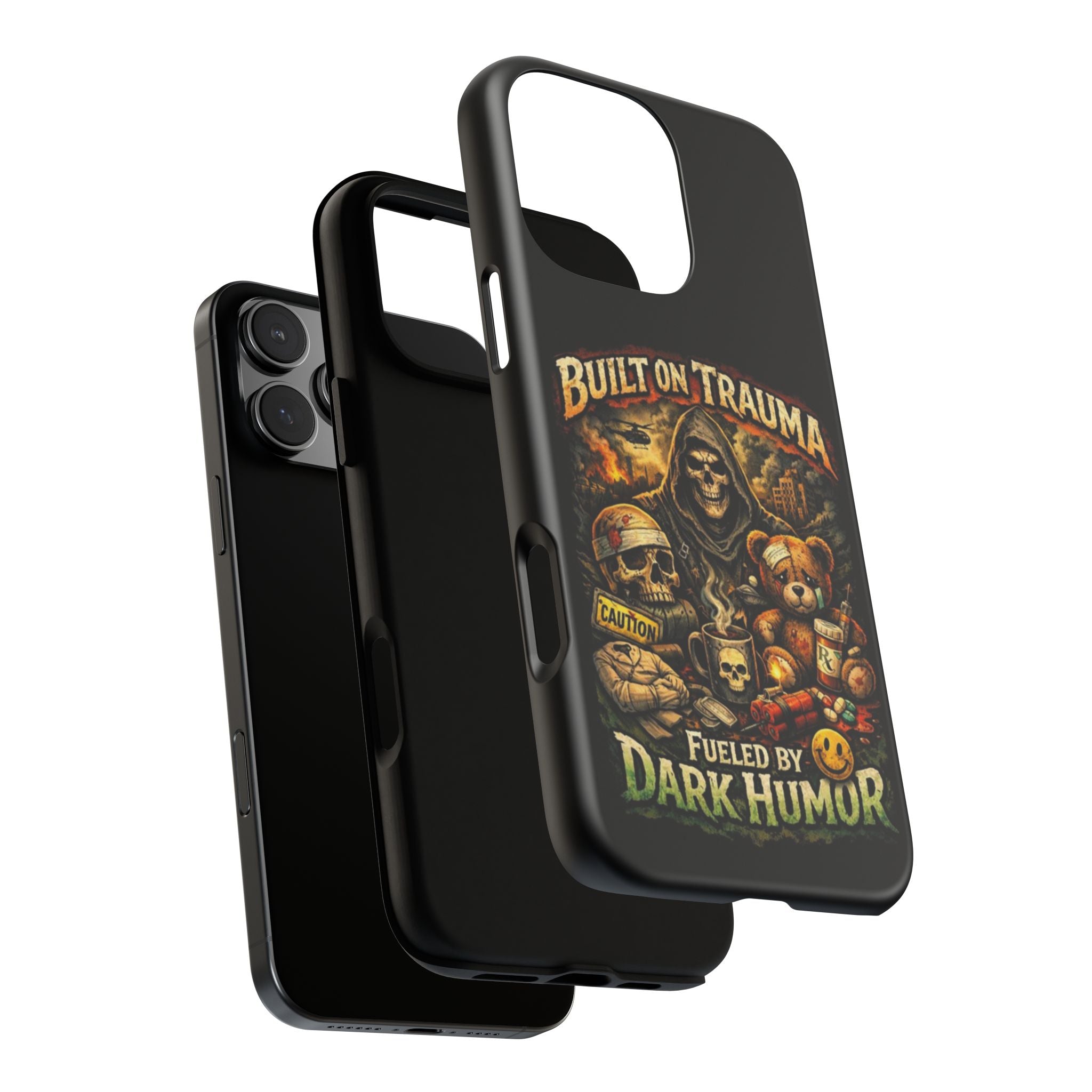 Phone Case — "Built on Trauma Fueled by Dark Humor" Grim Reaper Skull Teddy Design