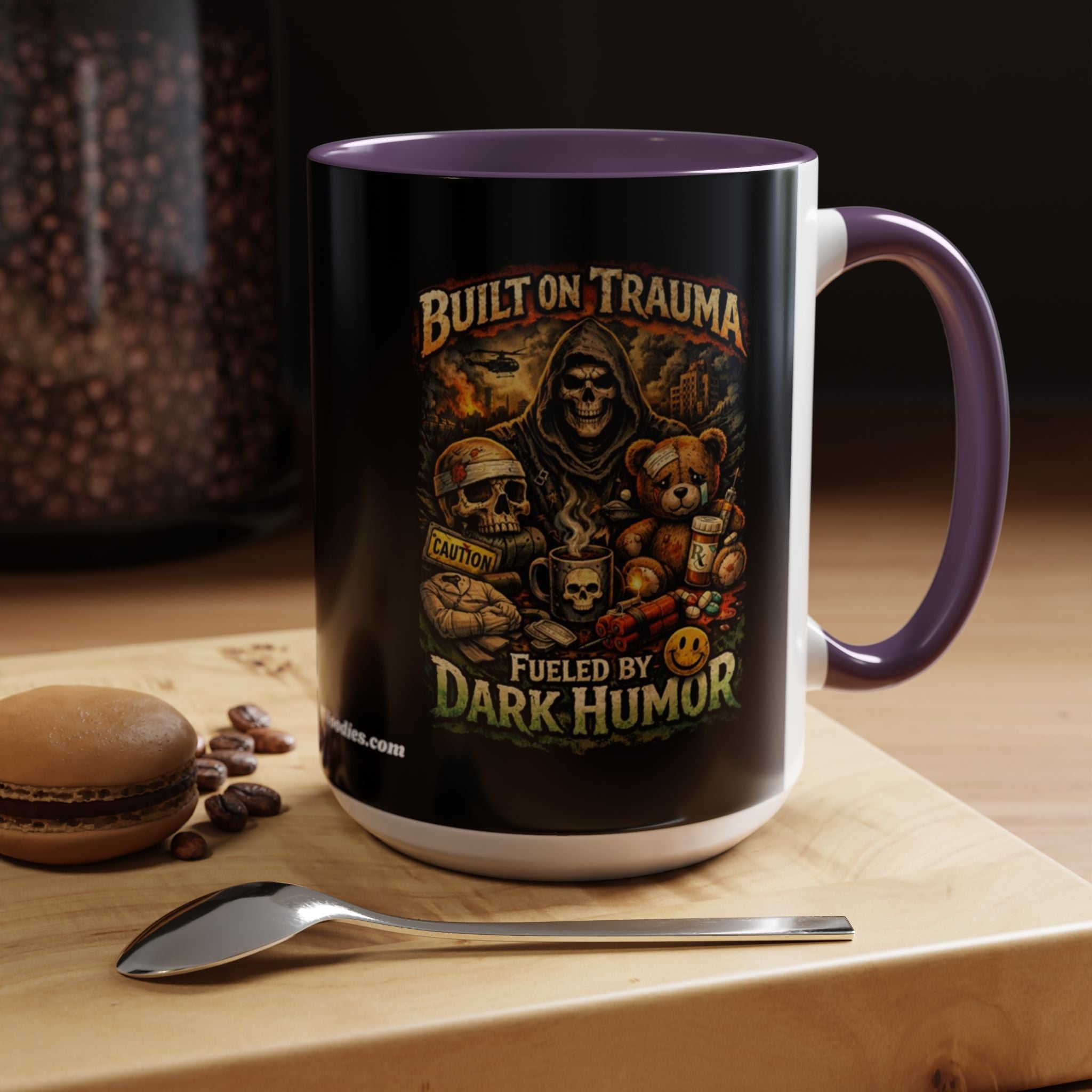 Coffee Mug — "Built on Trauma, Fueled by Dark Humor" Gothic Skull Accent Mug
