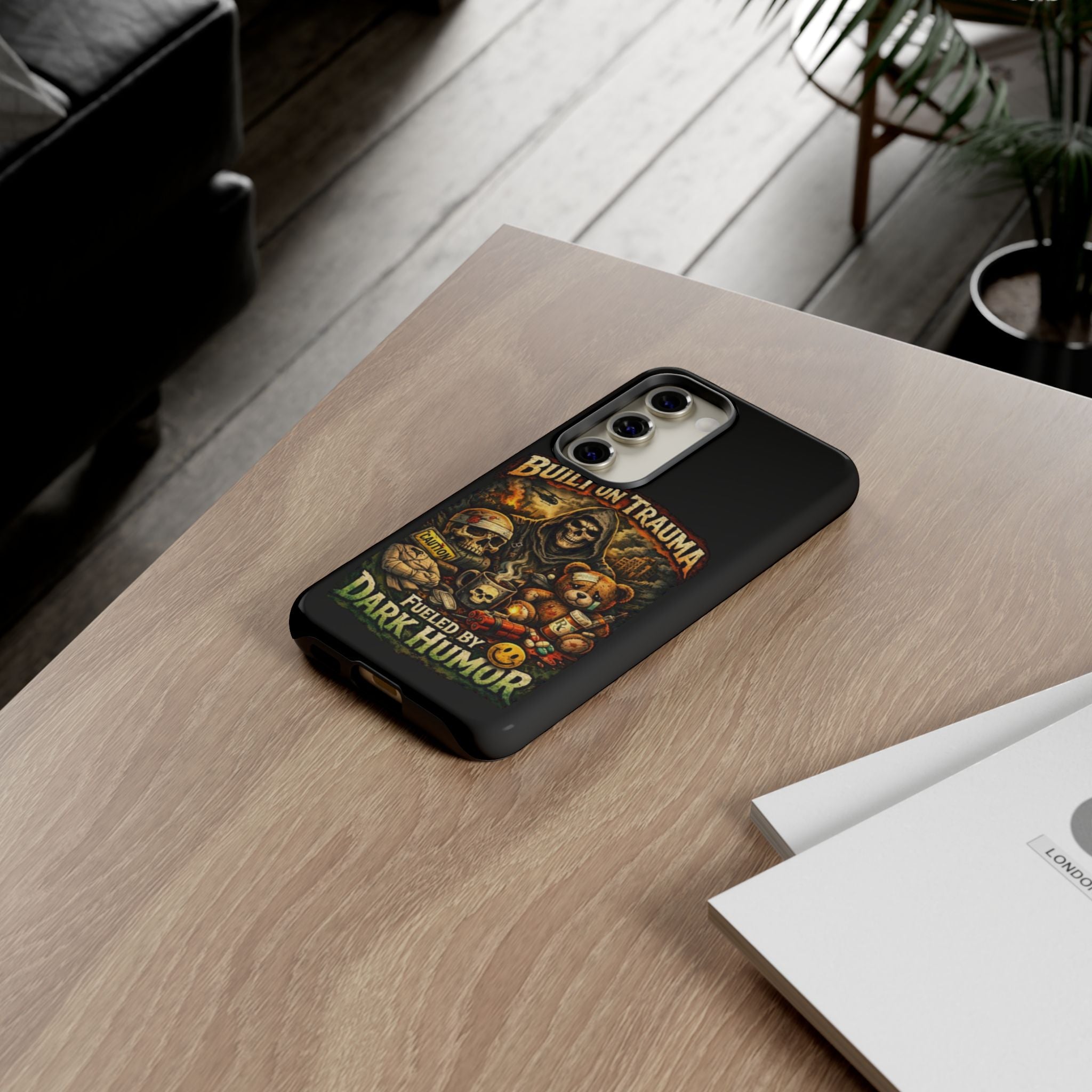 Phone Case — "Built on Trauma Fueled by Dark Humor" Grim Reaper Skull Teddy Design