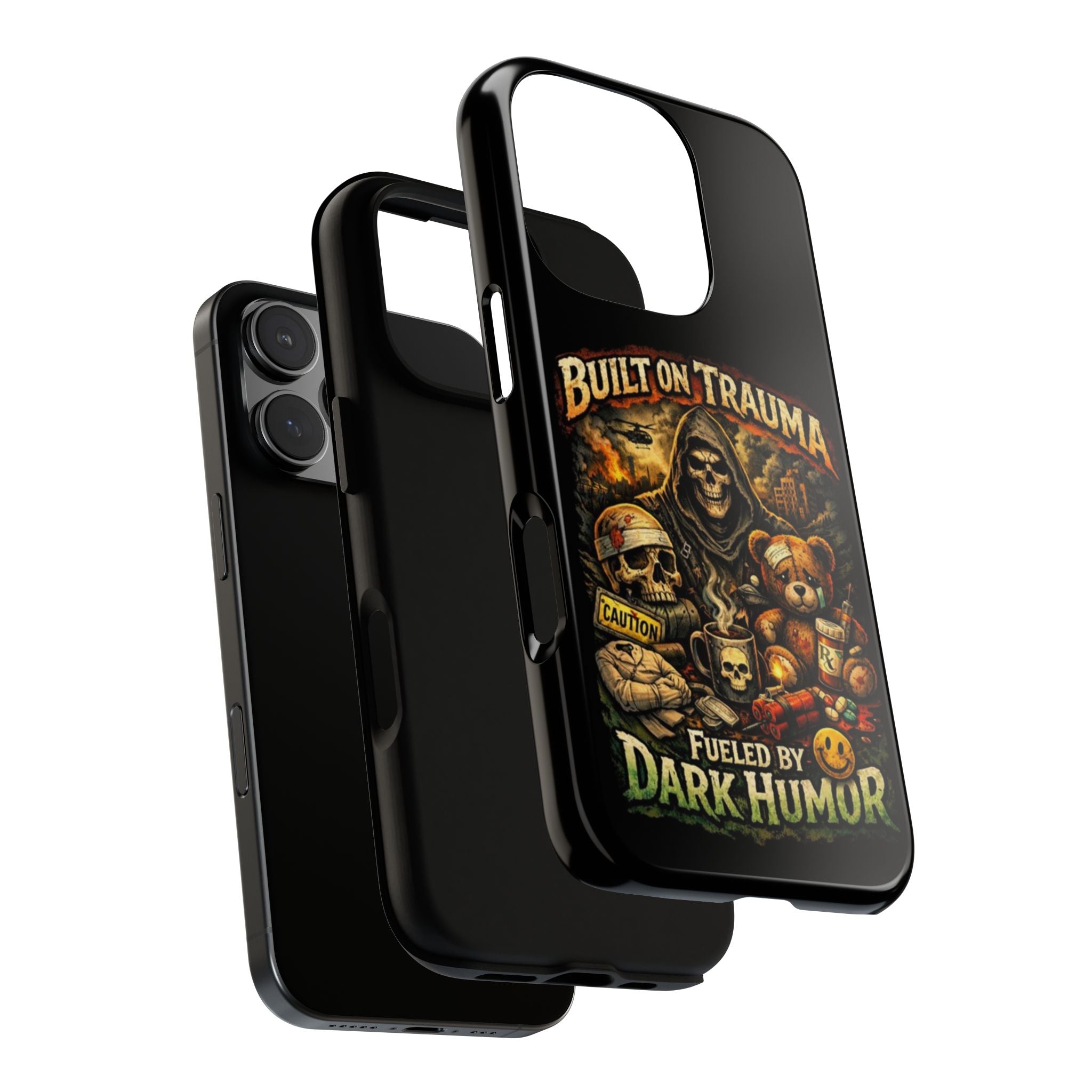 Phone Case — "Built on Trauma Fueled by Dark Humor" Grim Reaper Skull Teddy Design