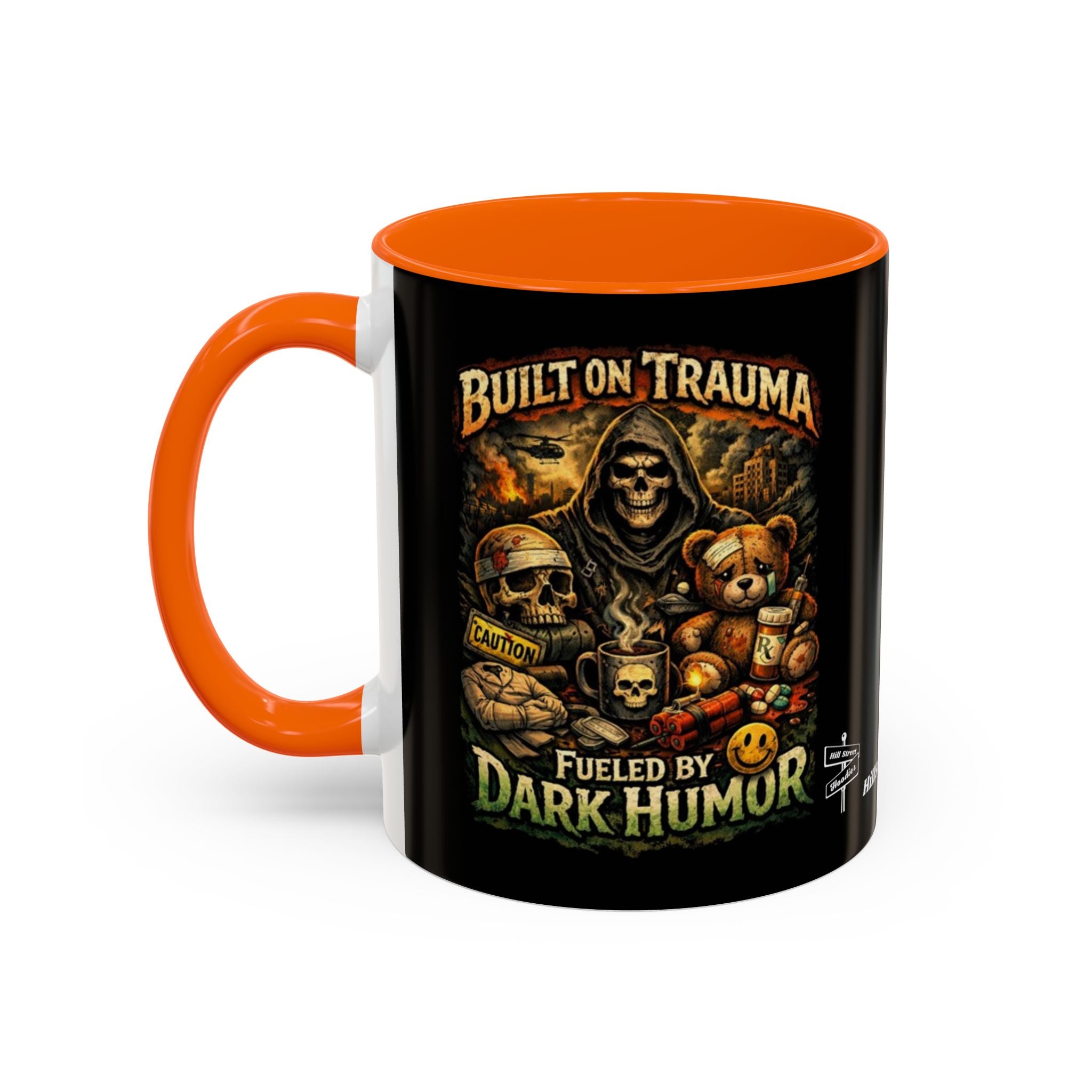 Coffee Mug — "Built on Trauma, Fueled by Dark Humor" Gothic Skull Accent Mug