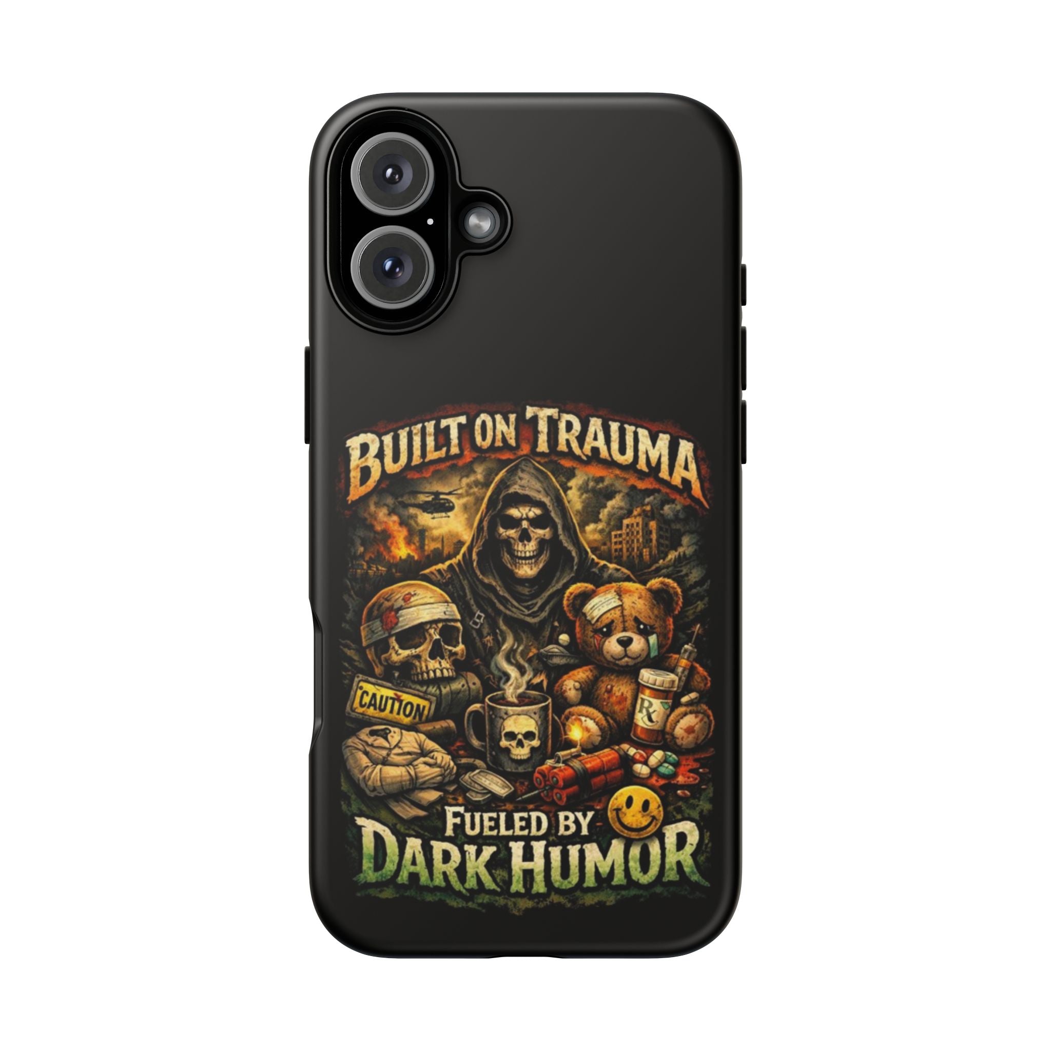 Phone Case — "Built on Trauma Fueled by Dark Humor" Grim Reaper Skull Teddy Design