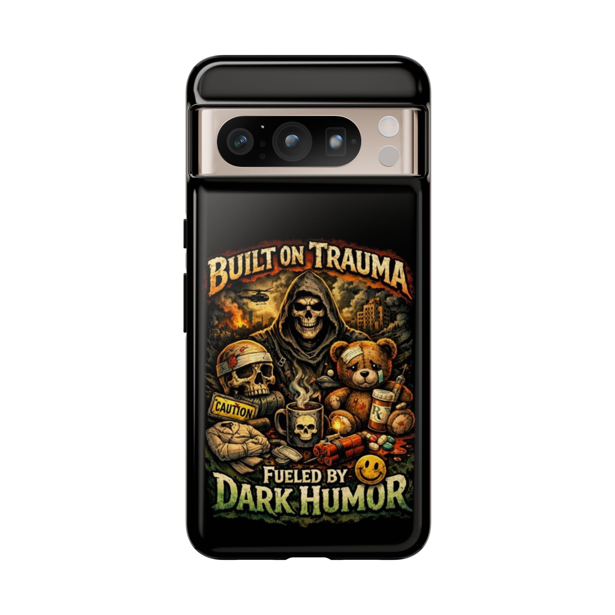 Phone Case — "Built on Trauma Fueled by Dark Humor" Grim Reaper Skull Teddy Design