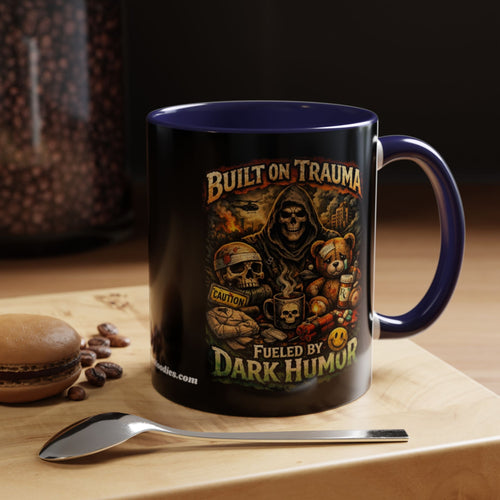 Coffee Mug — "Built on Trauma, Fueled by Dark Humor" Gothic Skull Accent Mug