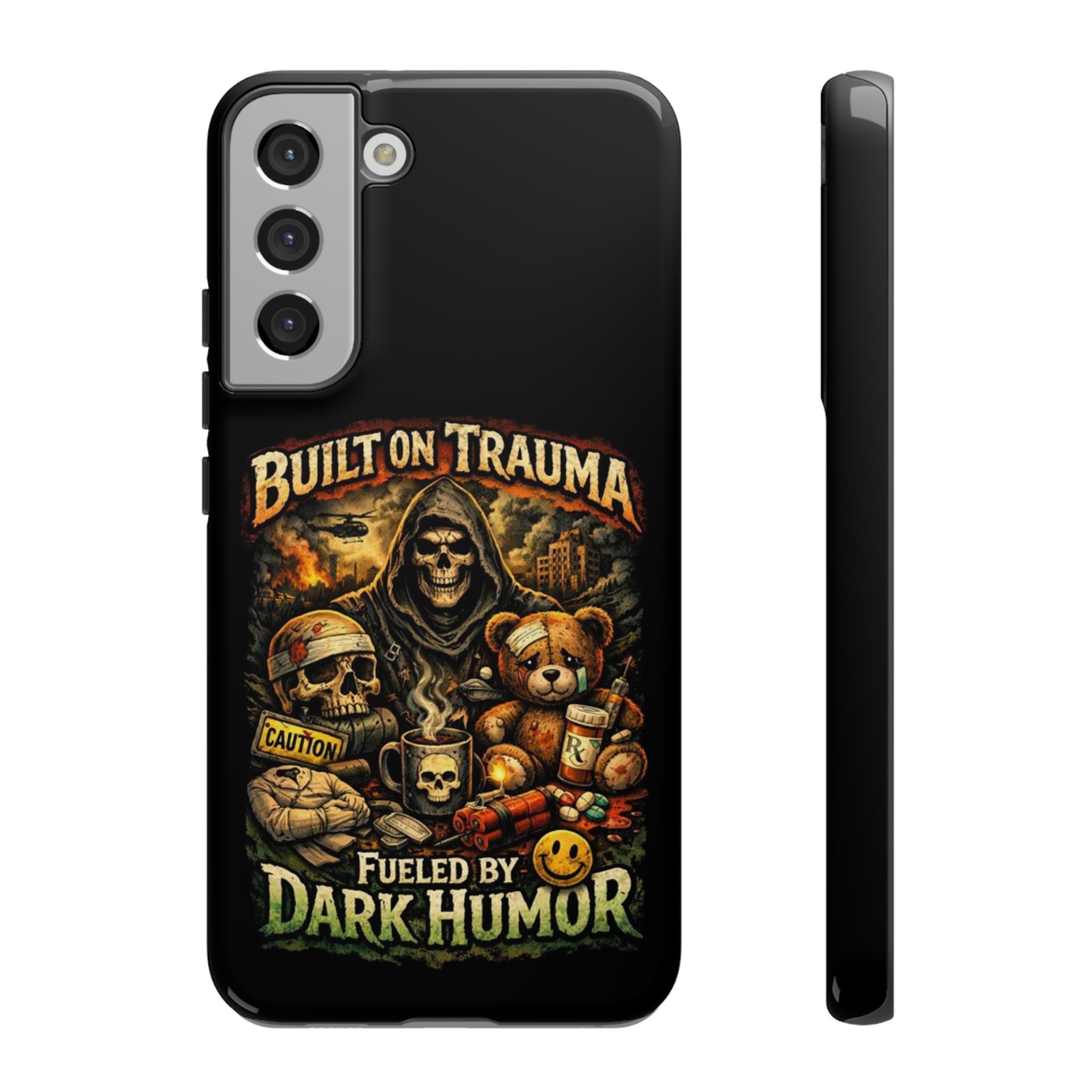 Phone Case — "Built on Trauma Fueled by Dark Humor" Grim Reaper Skull Teddy Design
