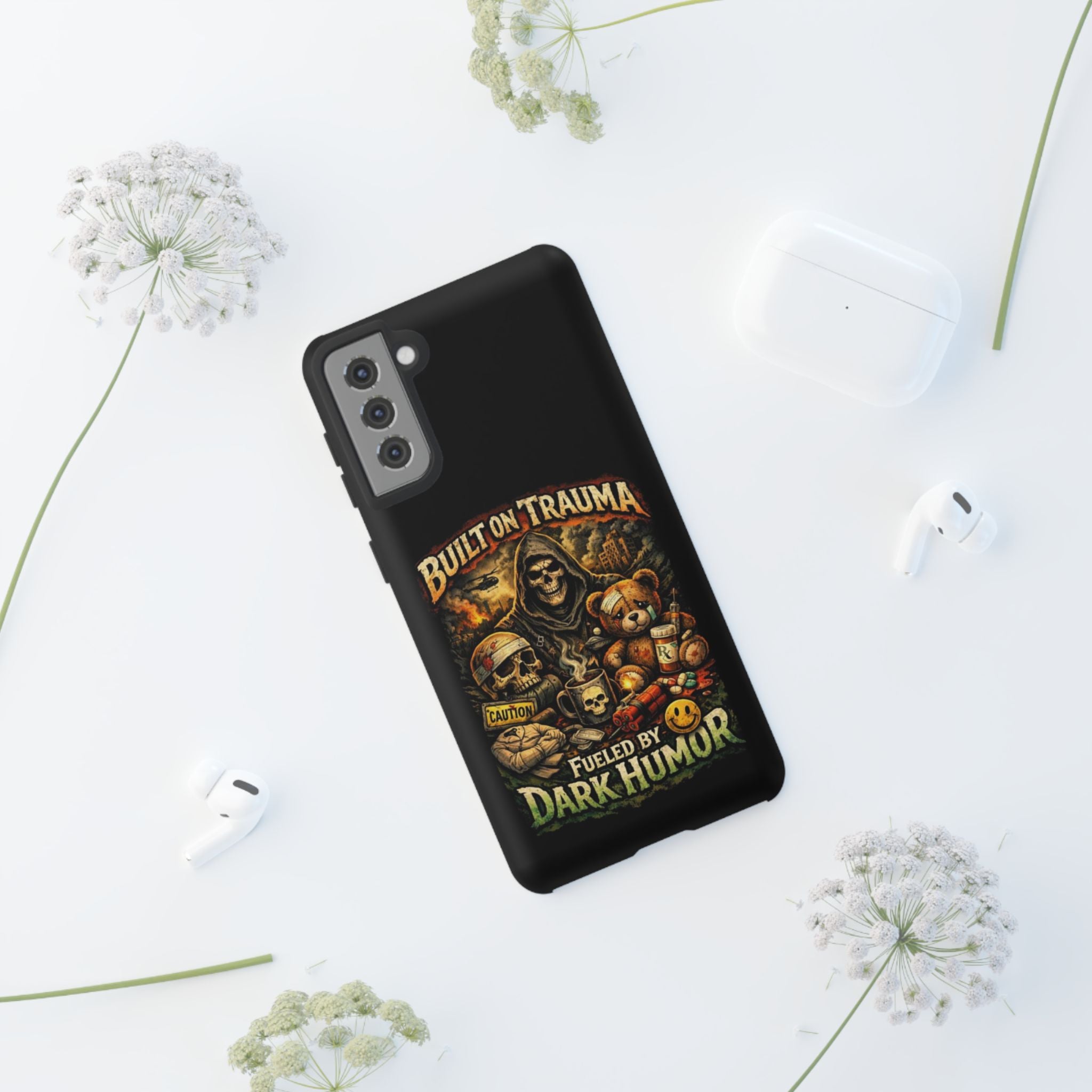 Phone Case — "Built on Trauma Fueled by Dark Humor" Grim Reaper Skull Teddy Design