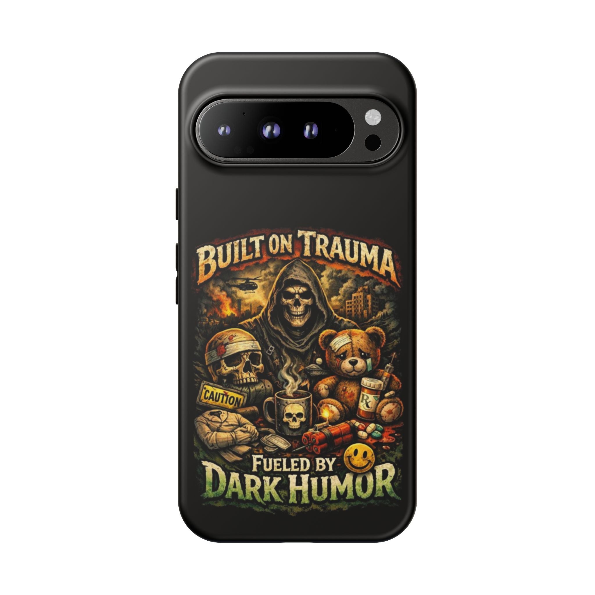 Phone Case — "Built on Trauma Fueled by Dark Humor" Grim Reaper Skull Teddy Design