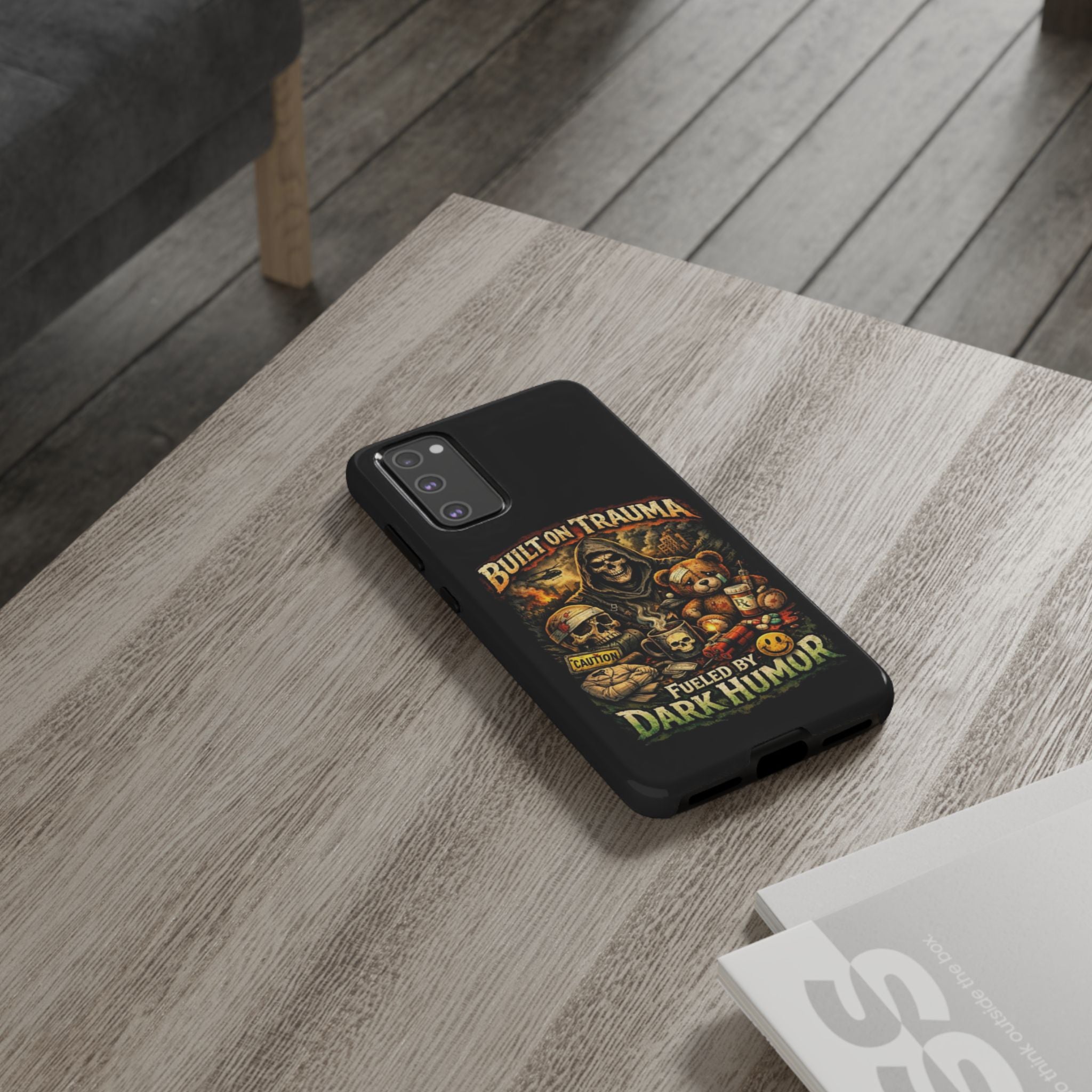 Phone Case — "Built on Trauma Fueled by Dark Humor" Grim Reaper Skull Teddy Design