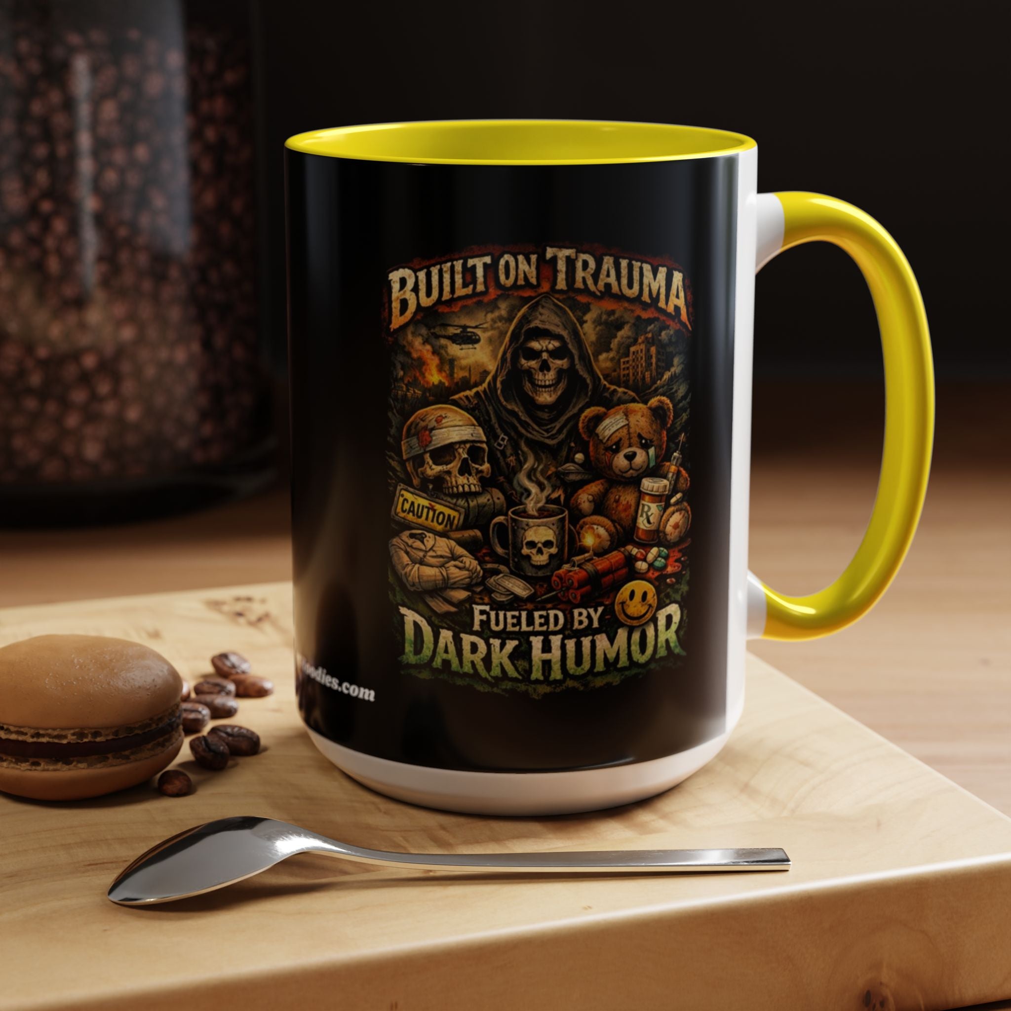Coffee Mug — "Built on Trauma, Fueled by Dark Humor" Gothic Skull Accent Mug