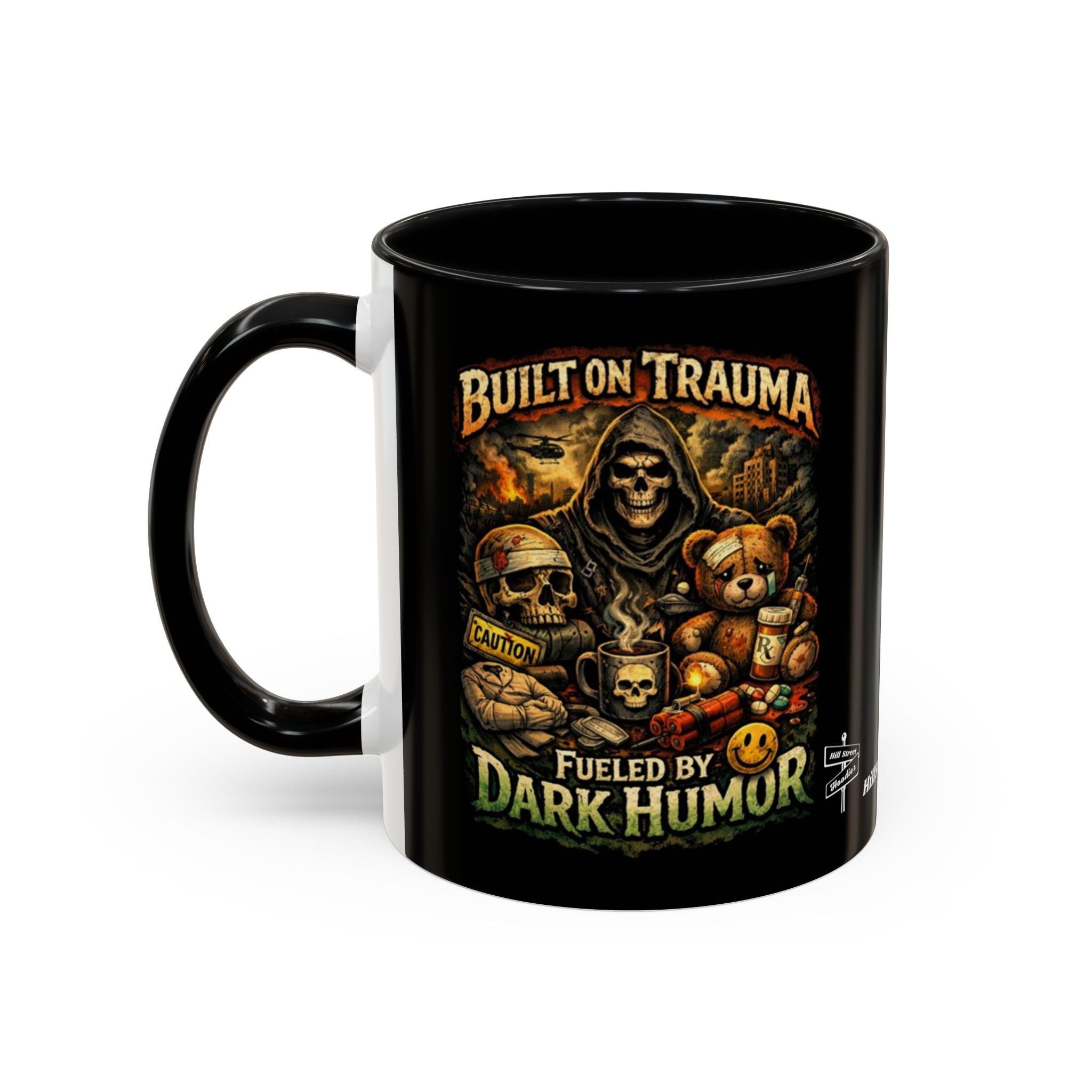 Coffee Mug — "Built on Trauma, Fueled by Dark Humor" Gothic Skull Accent Mug