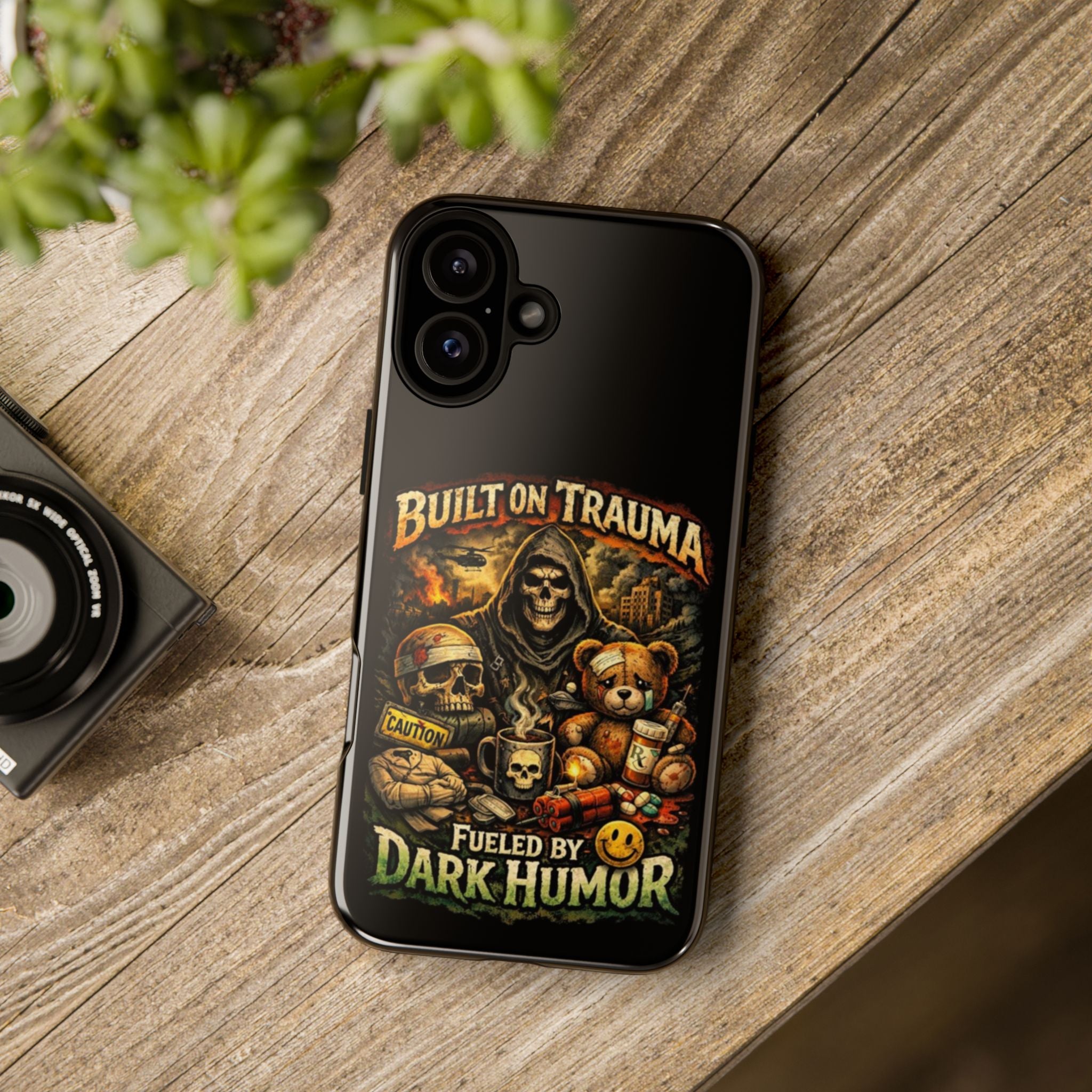 Phone Case — "Built on Trauma Fueled by Dark Humor" Grim Reaper Skull Teddy Design