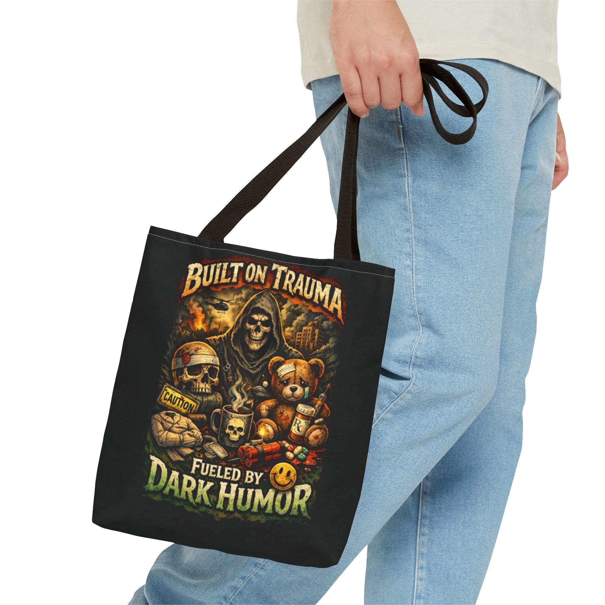Built on Trauma Tote Bag — Fueled by Dark Humor Graphic Tote