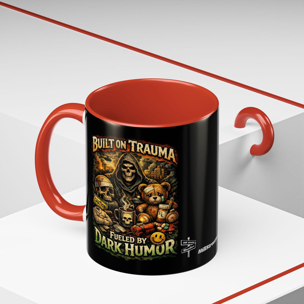 Coffee Mug — "Built on Trauma, Fueled by Dark Humor" Gothic Skull Accent Mug