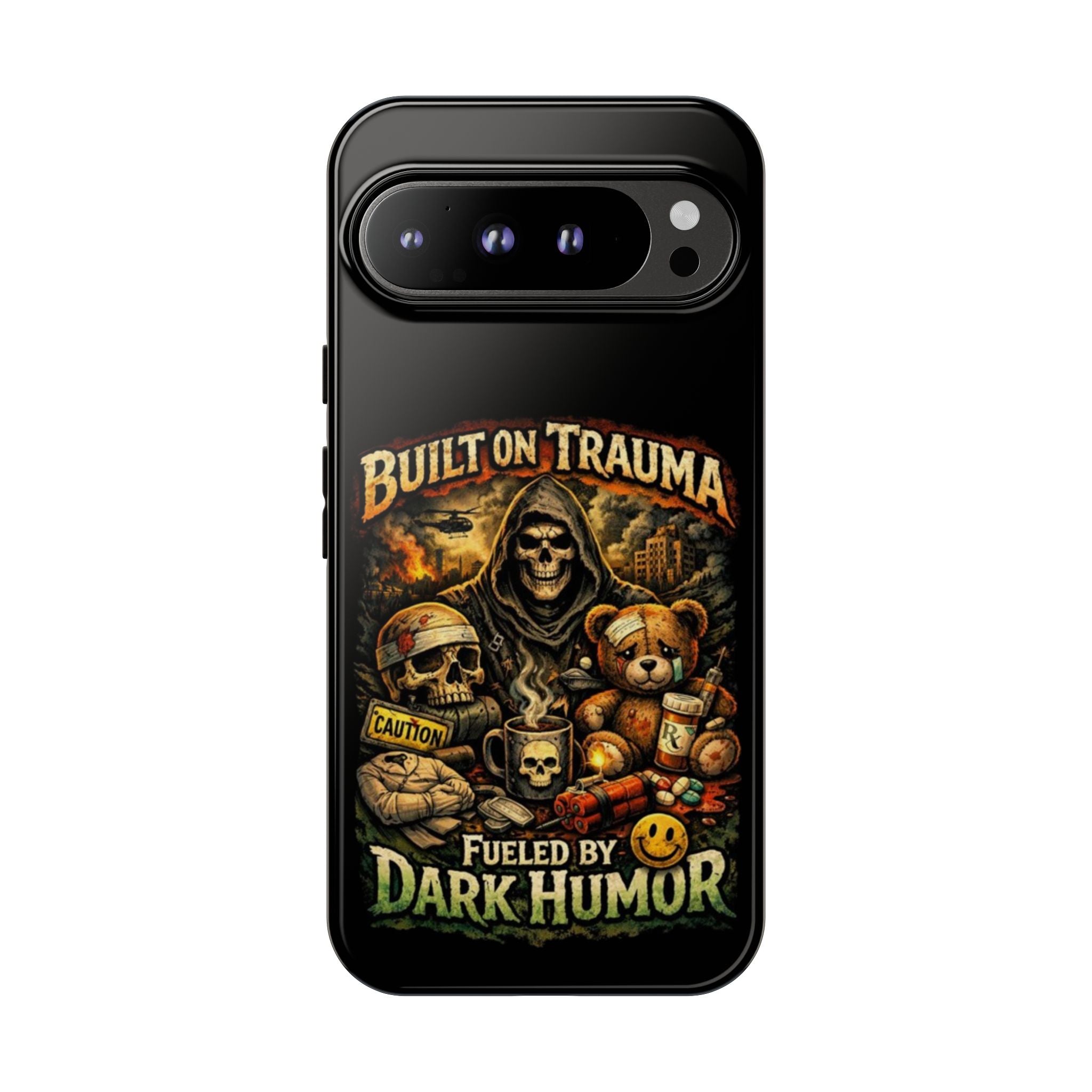 Phone Case — "Built on Trauma Fueled by Dark Humor" Grim Reaper Skull Teddy Design