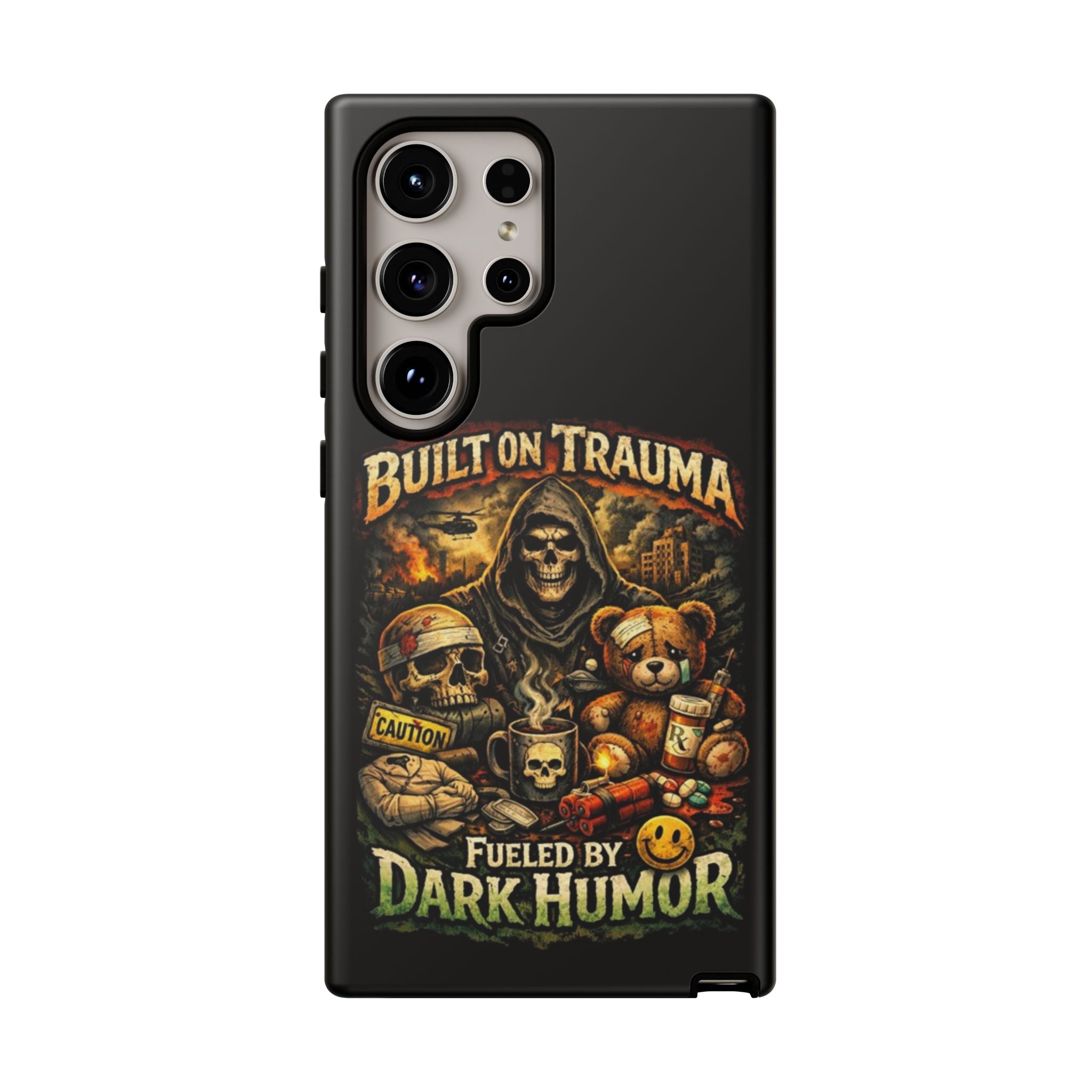 Phone Case — "Built on Trauma Fueled by Dark Humor" Grim Reaper Skull Teddy Design