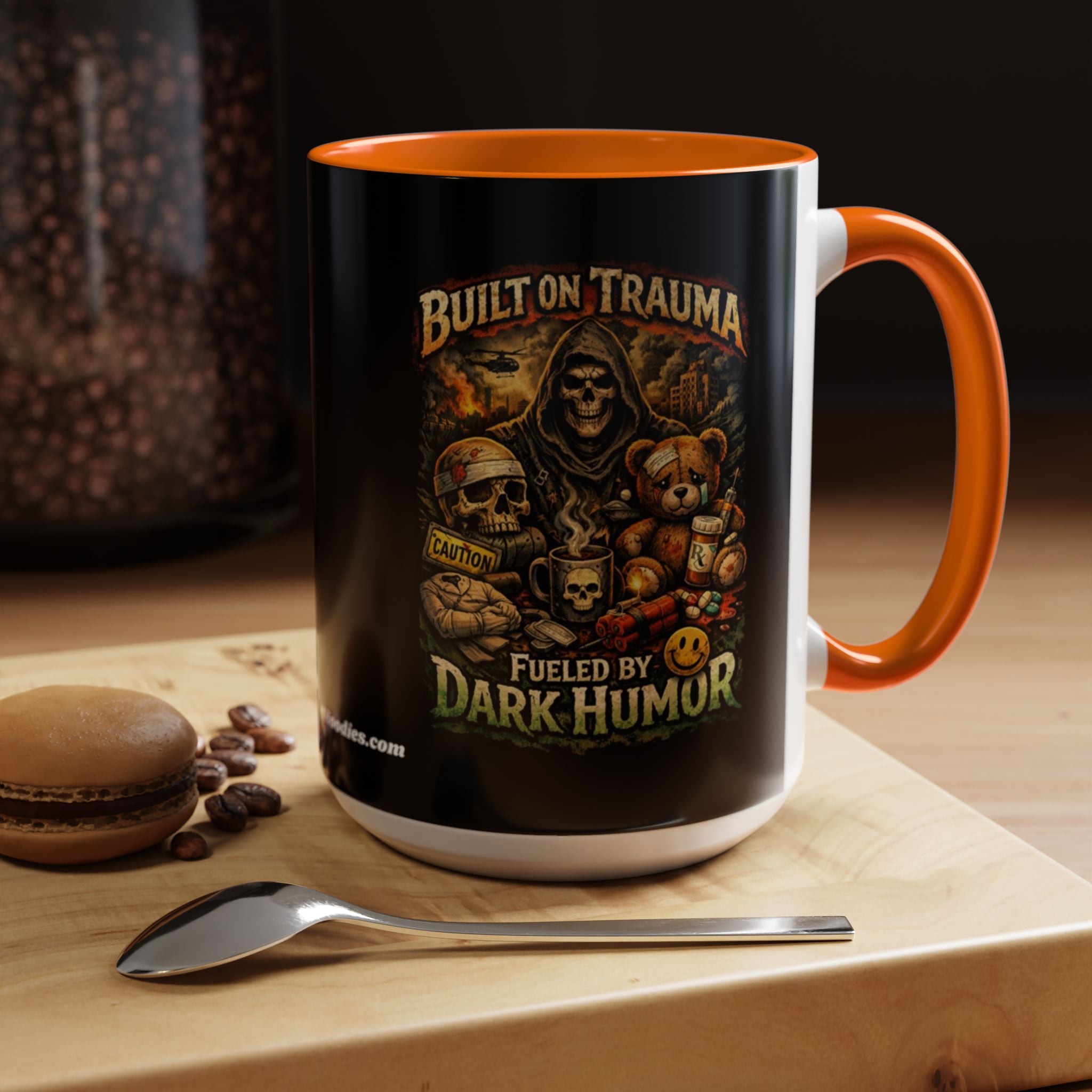Coffee Mug — "Built on Trauma, Fueled by Dark Humor" Gothic Skull Accent Mug