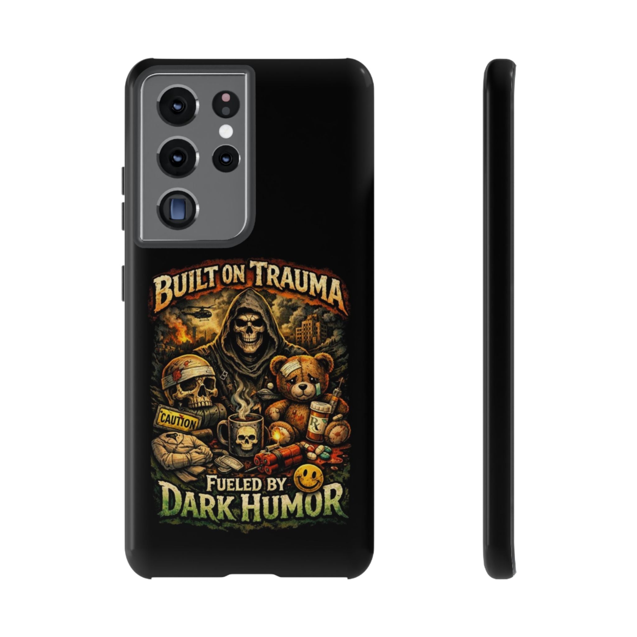 Phone Case — "Built on Trauma Fueled by Dark Humor" Grim Reaper Skull Teddy Design