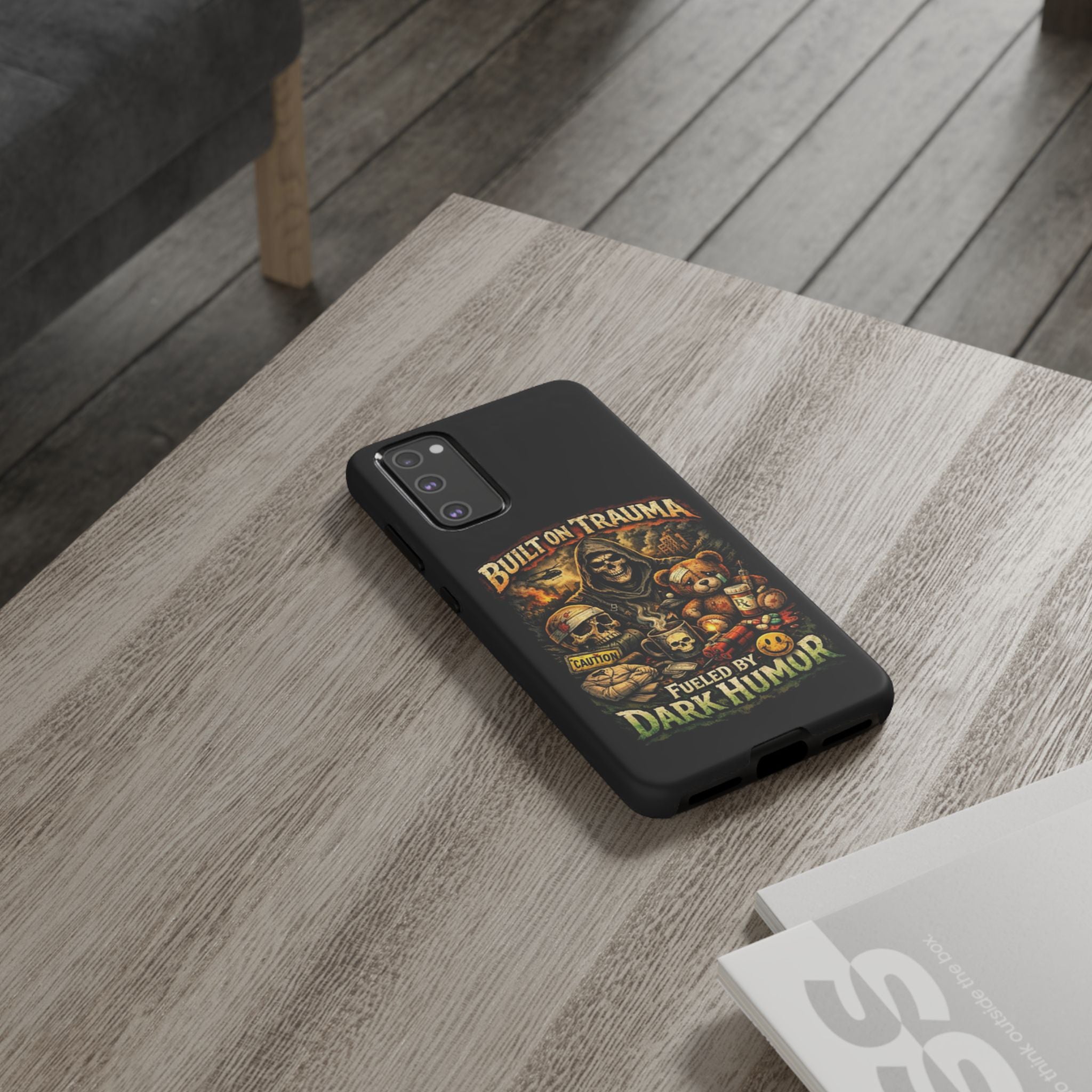 Phone Case — "Built on Trauma Fueled by Dark Humor" Grim Reaper Skull Teddy Design