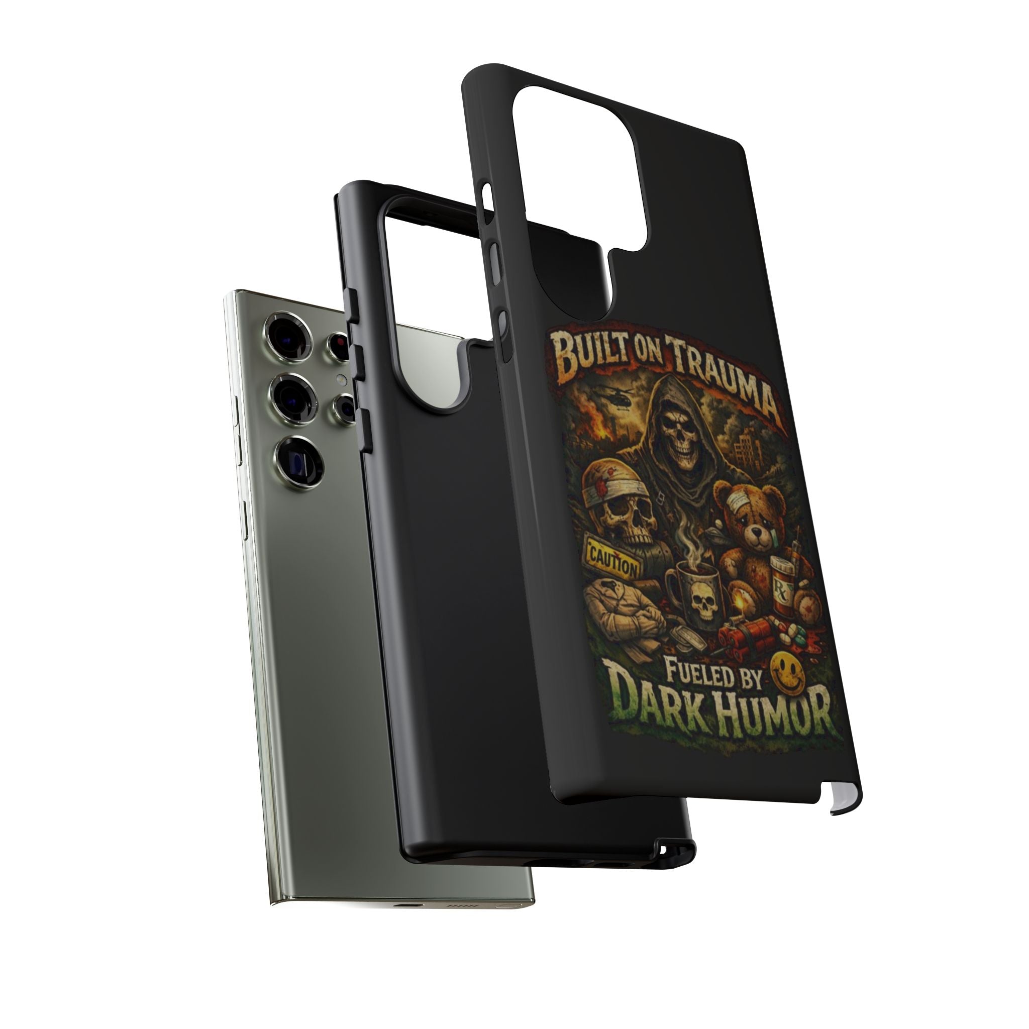 Phone Case — "Built on Trauma Fueled by Dark Humor" Grim Reaper Skull Teddy Design