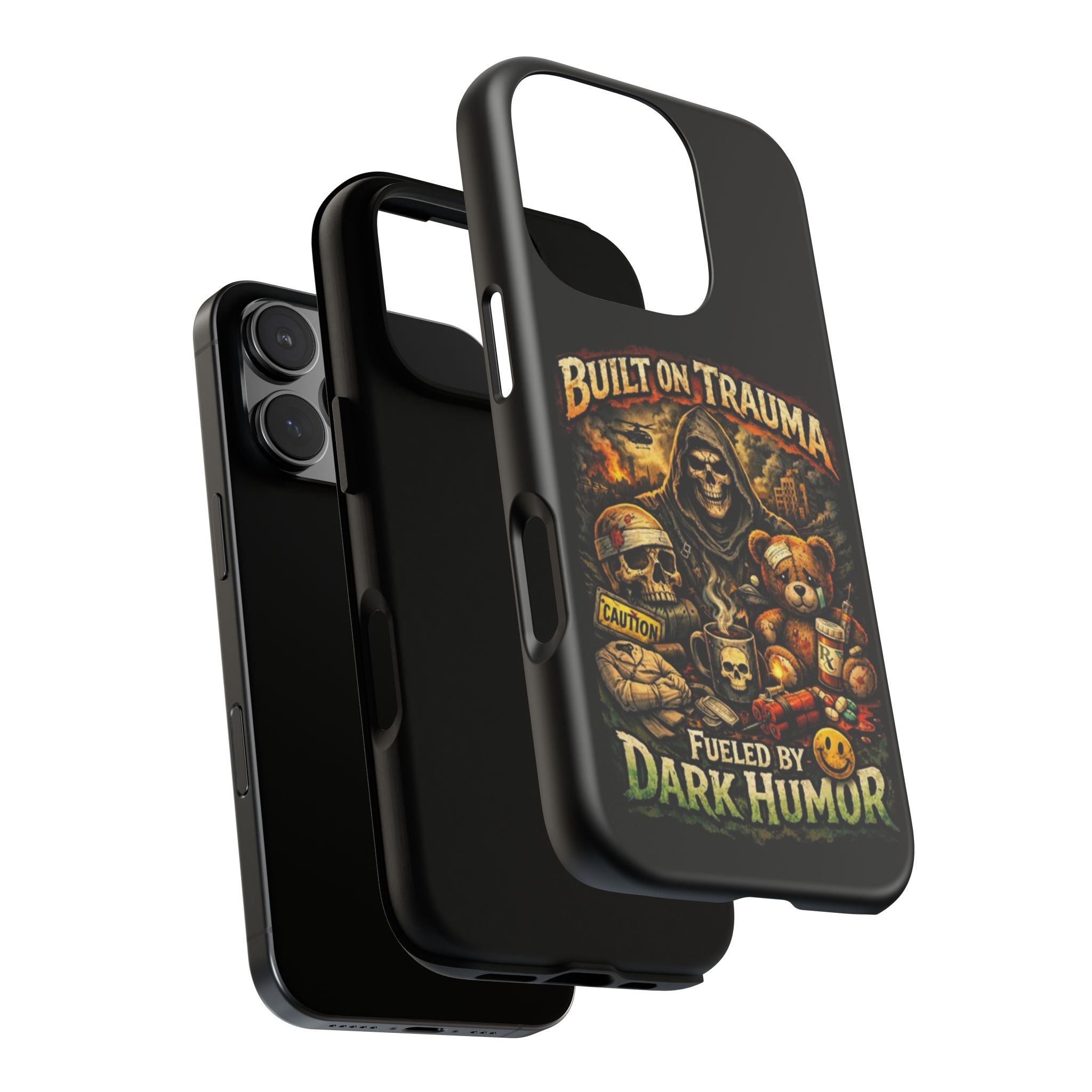 Phone Case — "Built on Trauma Fueled by Dark Humor" Grim Reaper Skull Teddy Design