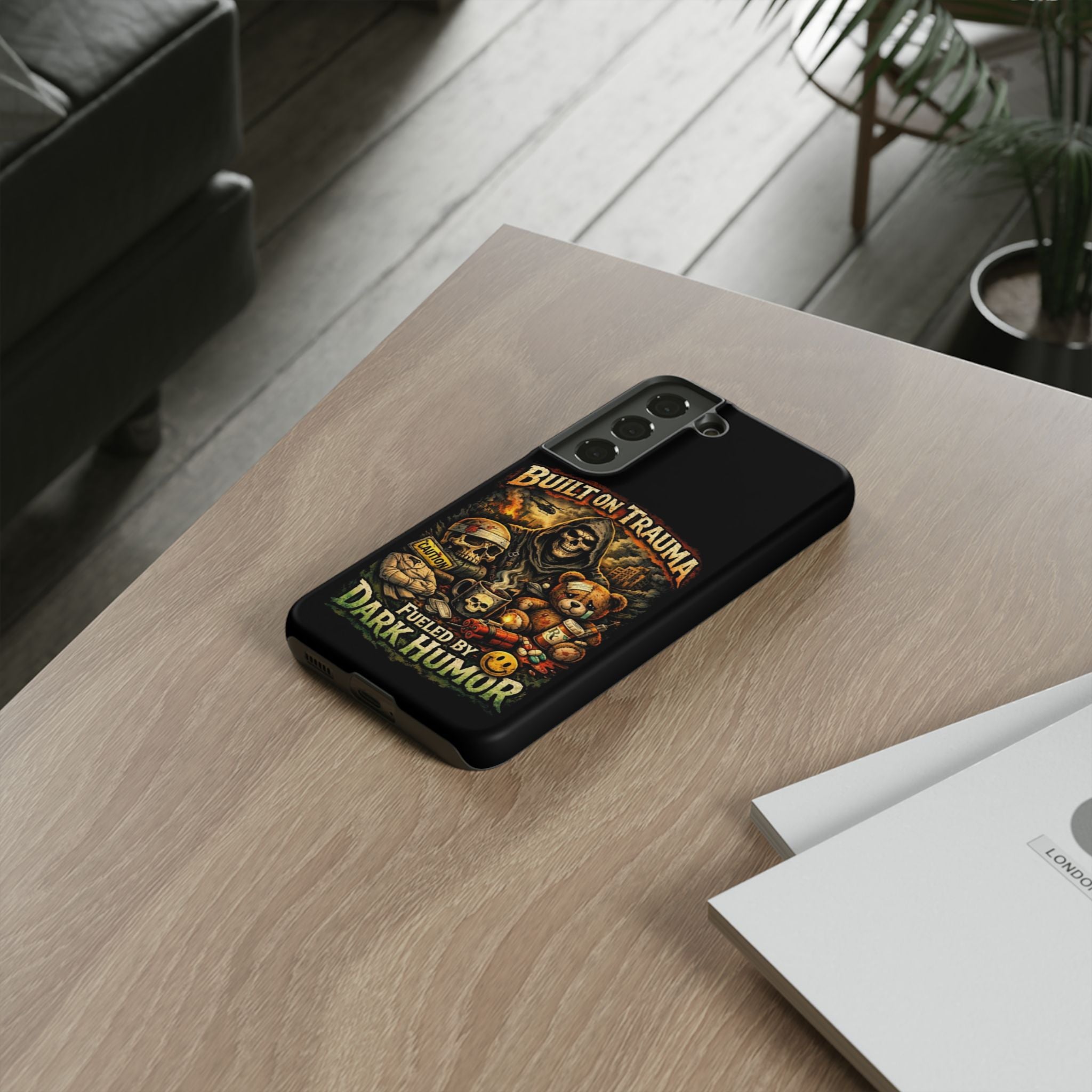 Phone Case — "Built on Trauma Fueled by Dark Humor" Grim Reaper Skull Teddy Design