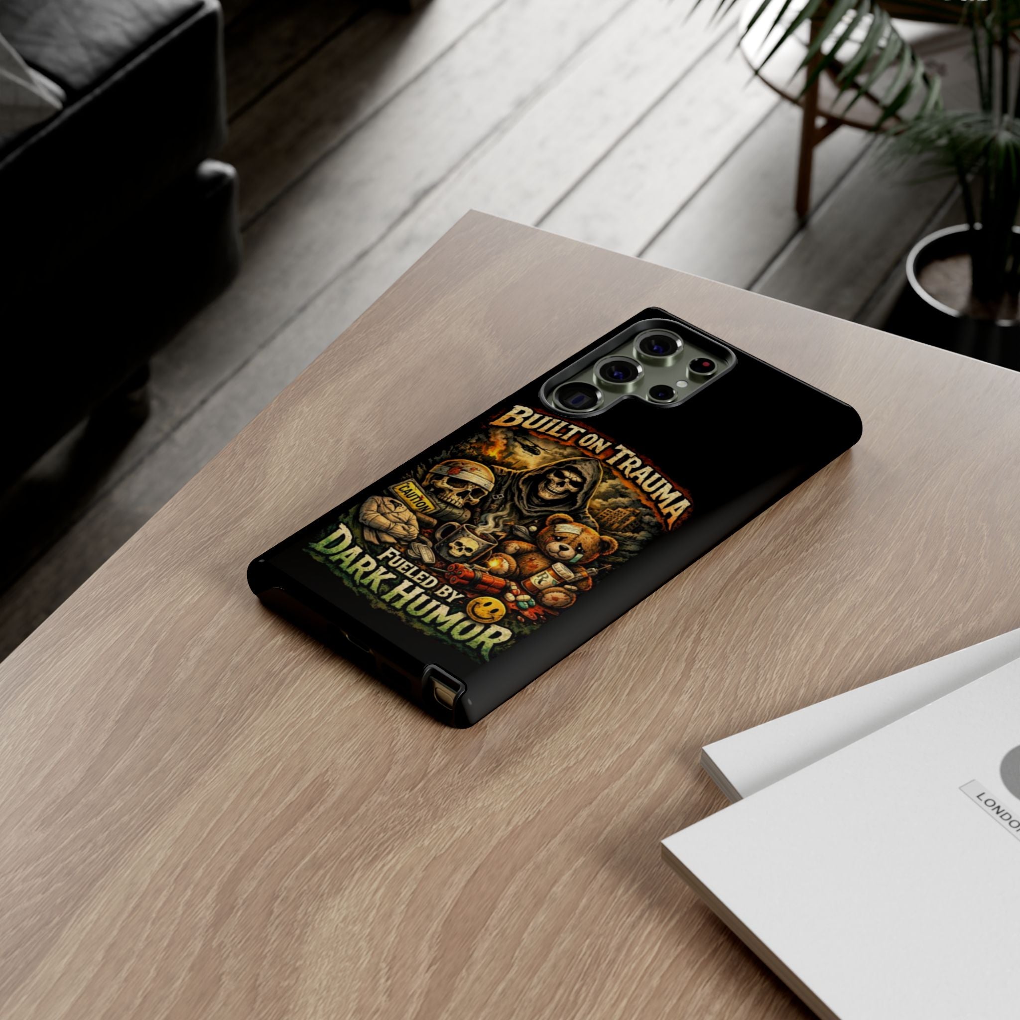 Phone Case — "Built on Trauma Fueled by Dark Humor" Grim Reaper Skull Teddy Design