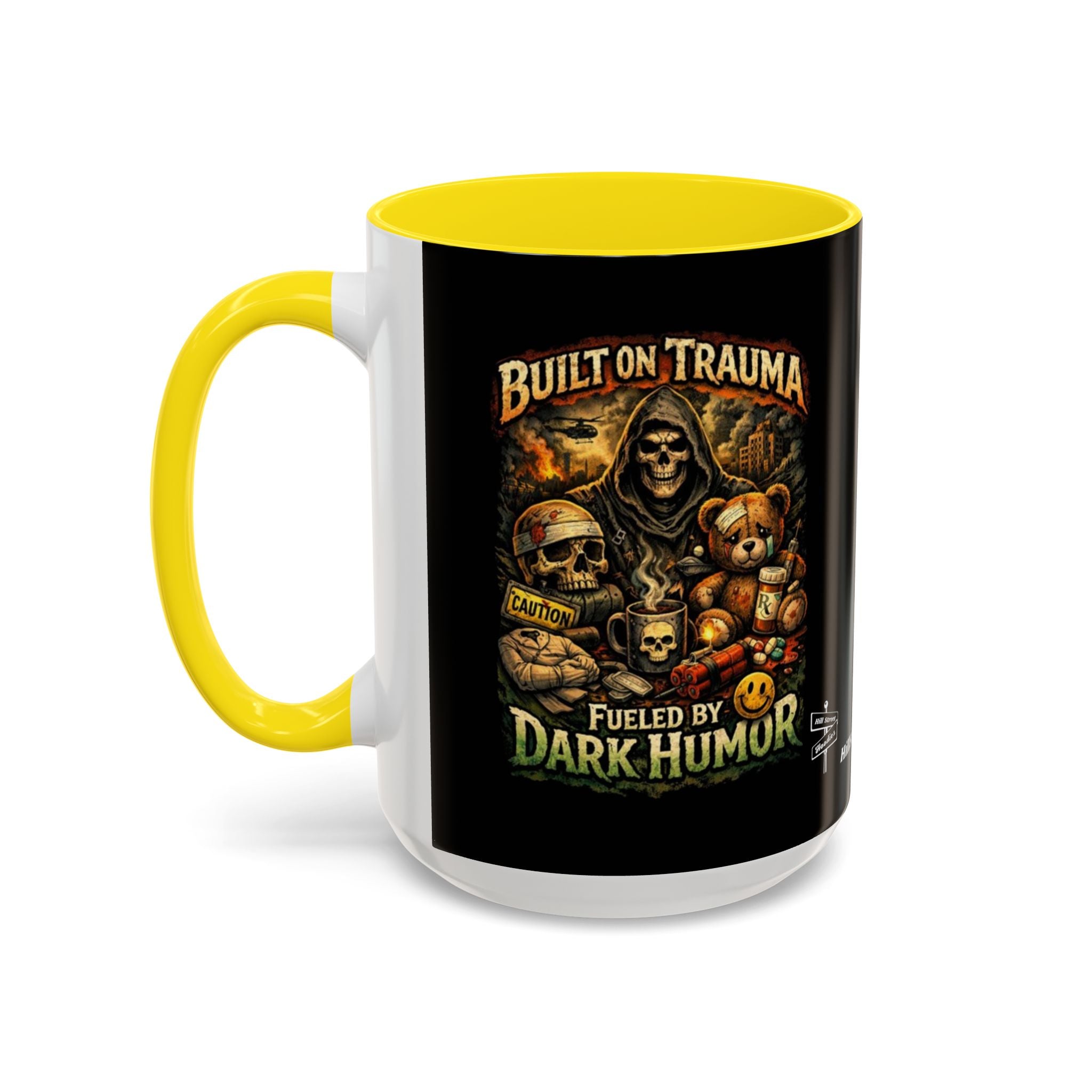 Coffee Mug — "Built on Trauma, Fueled by Dark Humor" Gothic Skull Accent Mug