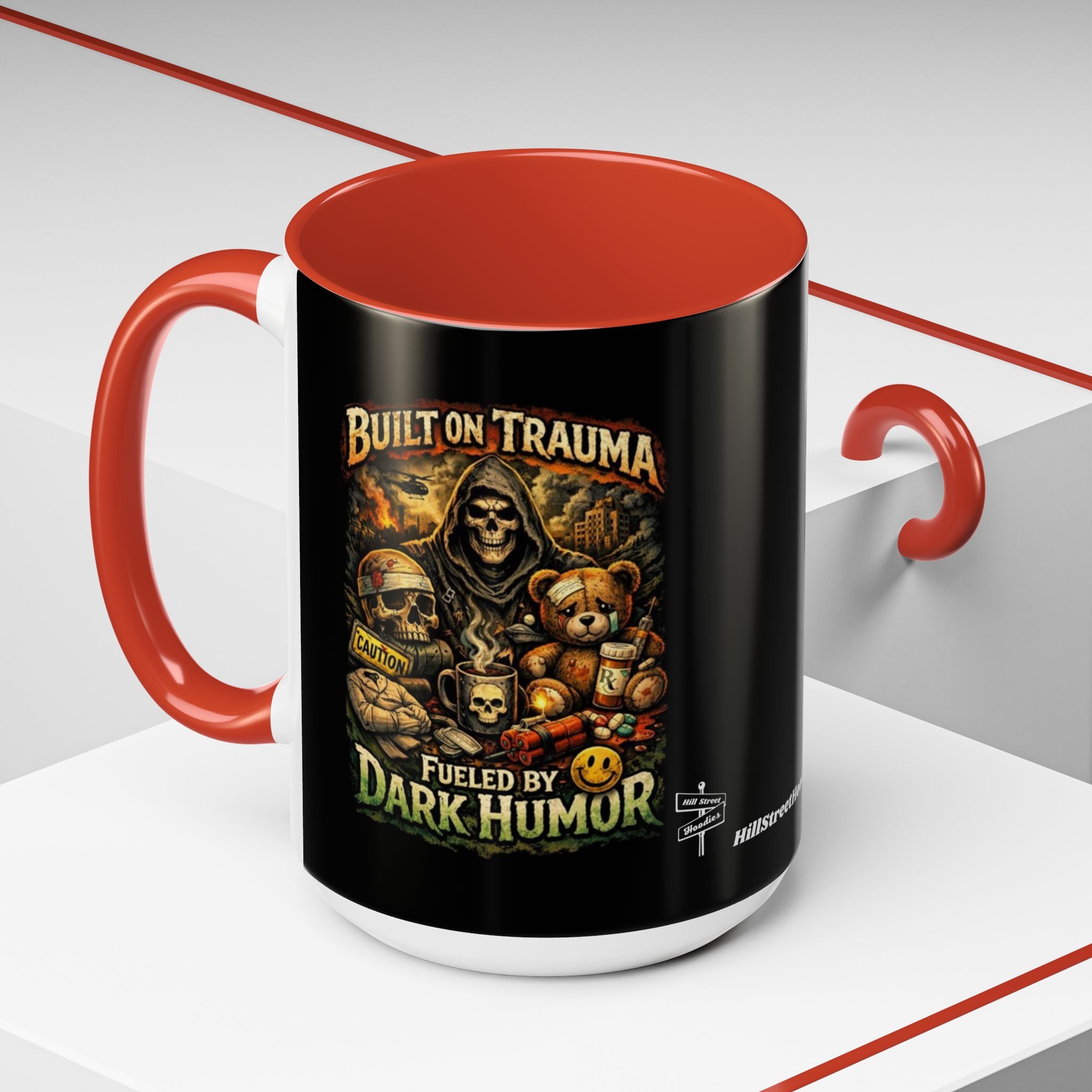 Coffee Mug — "Built on Trauma, Fueled by Dark Humor" Gothic Skull Accent Mug