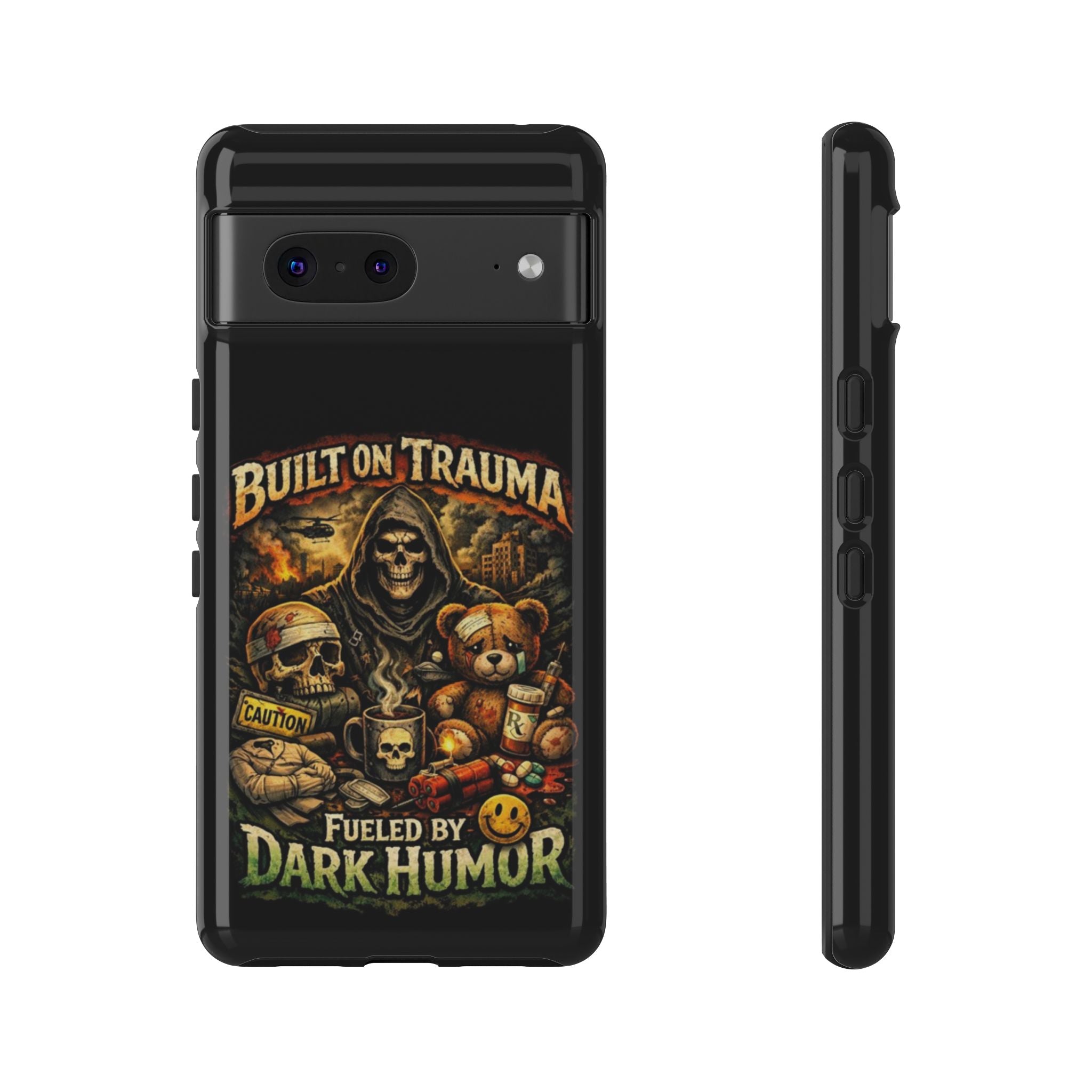 Phone Case — "Built on Trauma Fueled by Dark Humor" Grim Reaper Skull Teddy Design