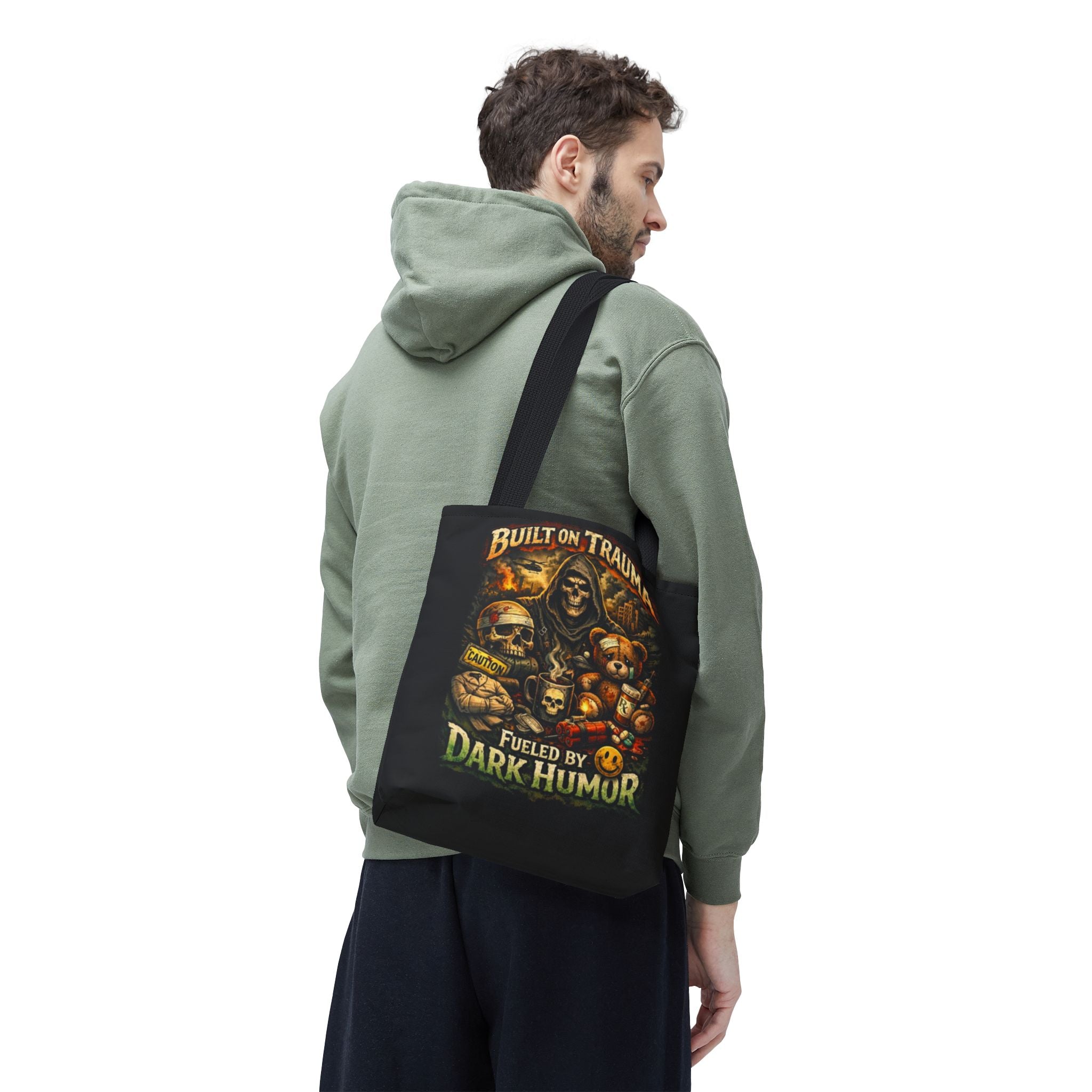Built on Trauma Tote Bag — Fueled by Dark Humor Graphic Tote