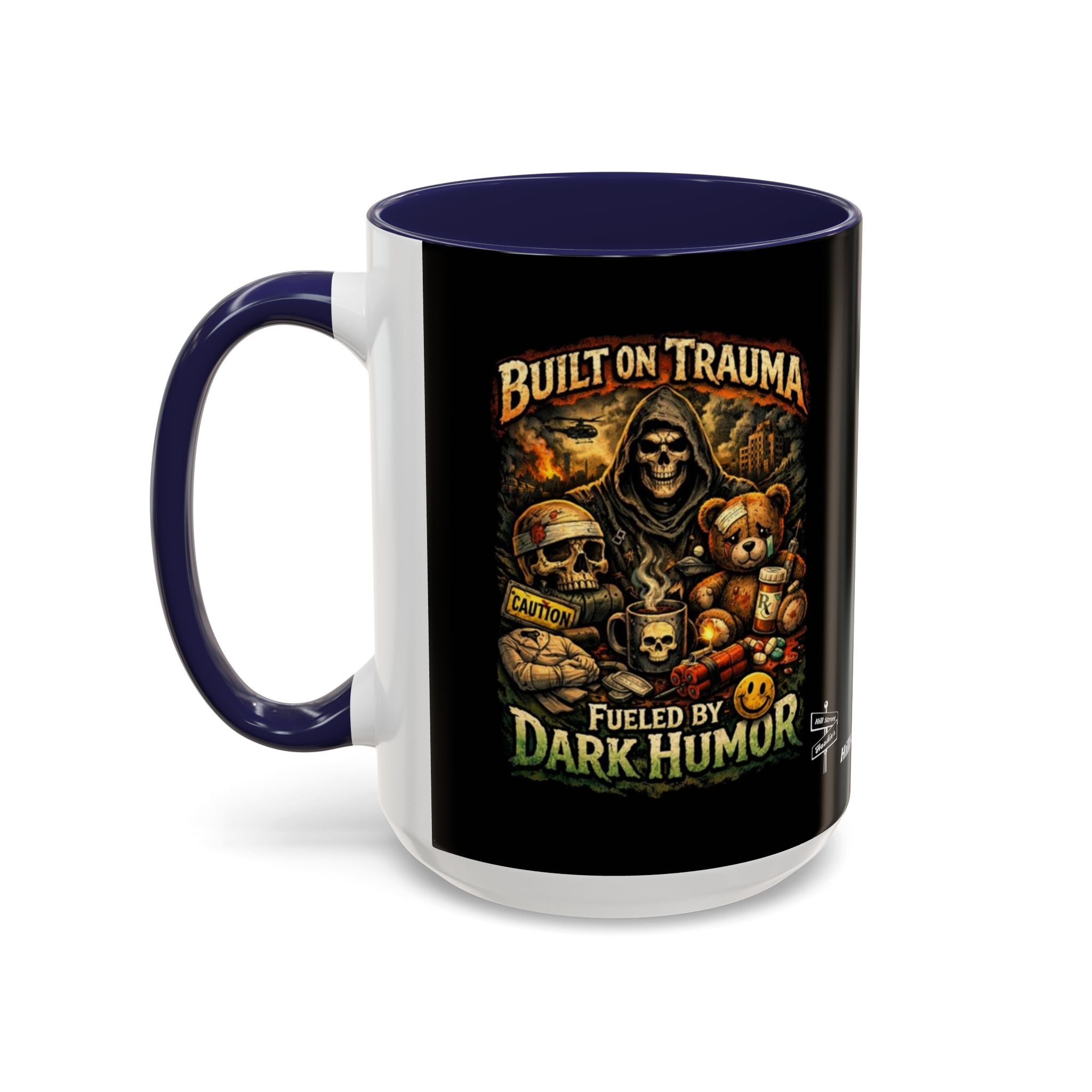 Coffee Mug — "Built on Trauma, Fueled by Dark Humor" Gothic Skull Accent Mug