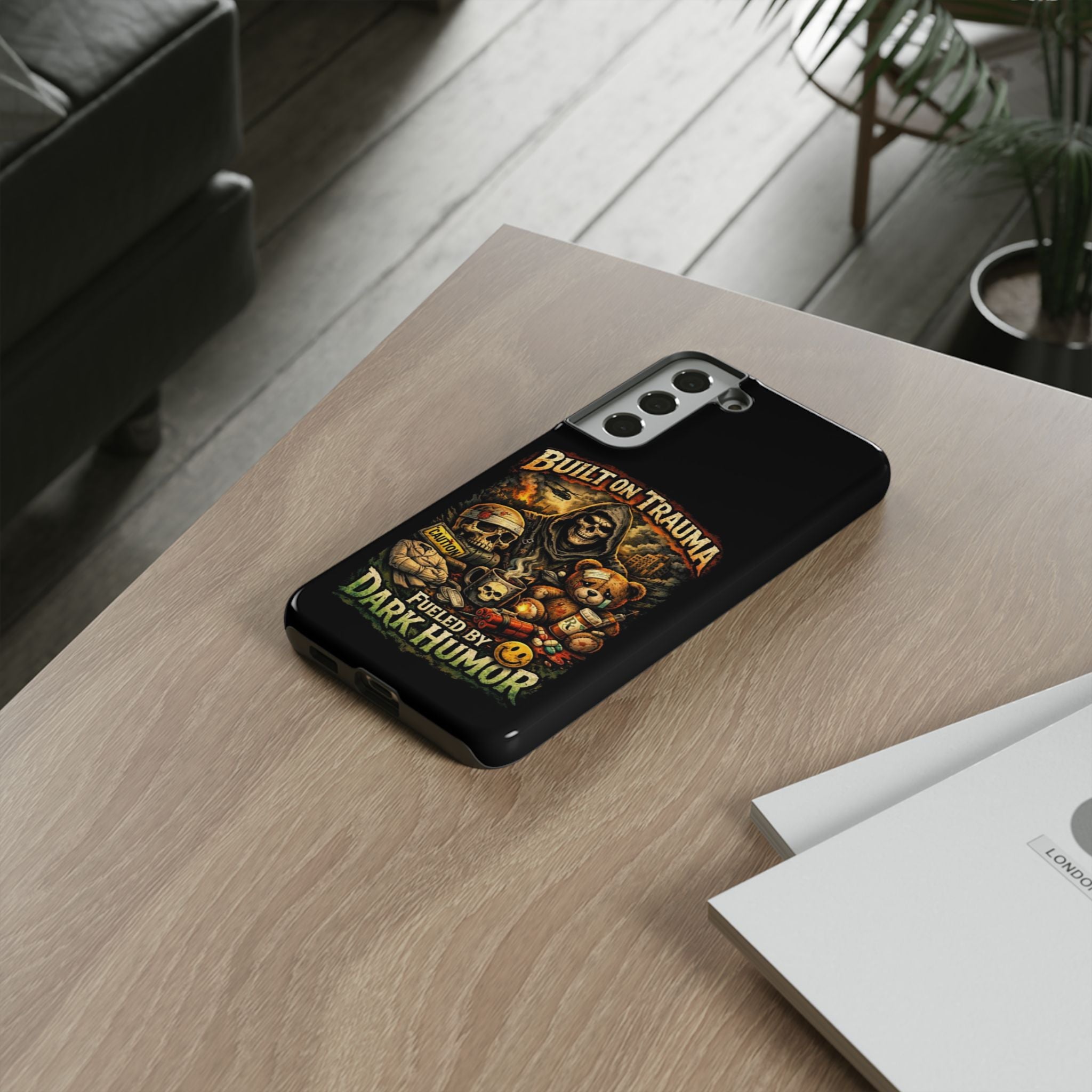 Phone Case — "Built on Trauma Fueled by Dark Humor" Grim Reaper Skull Teddy Design