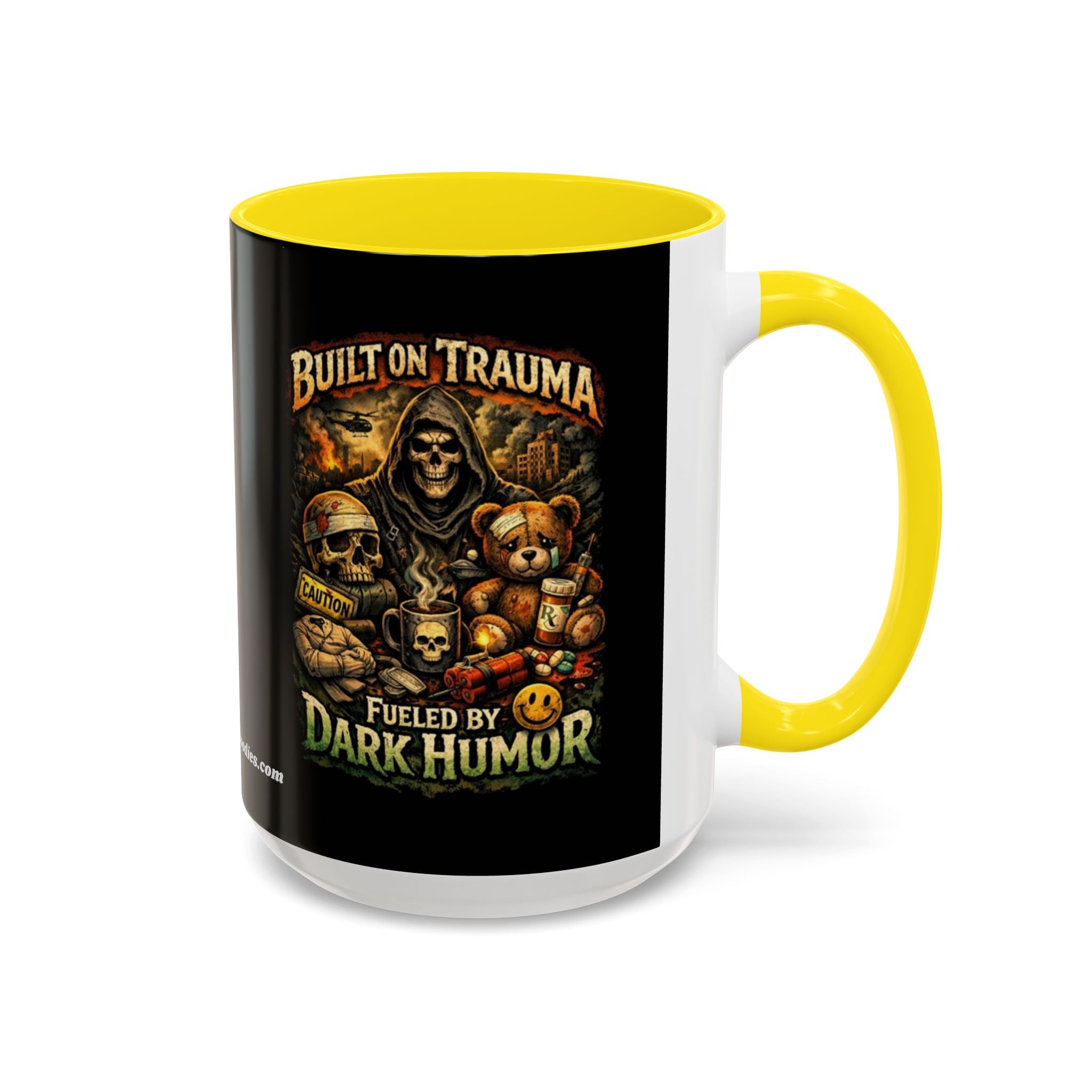 Coffee Mug — "Built on Trauma, Fueled by Dark Humor" Gothic Skull Accent Mug