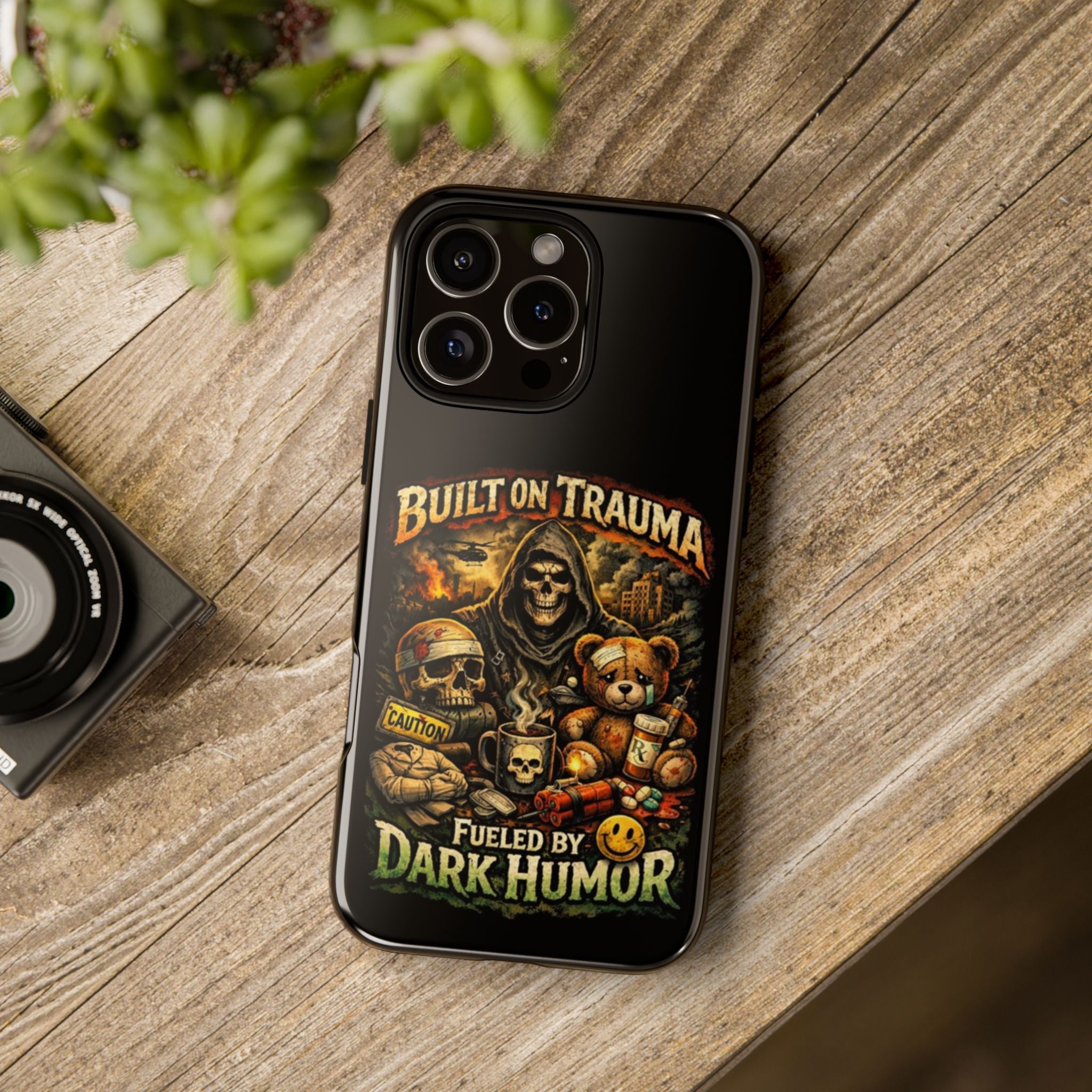 Phone Case — "Built on Trauma Fueled by Dark Humor" Grim Reaper Skull Teddy Design