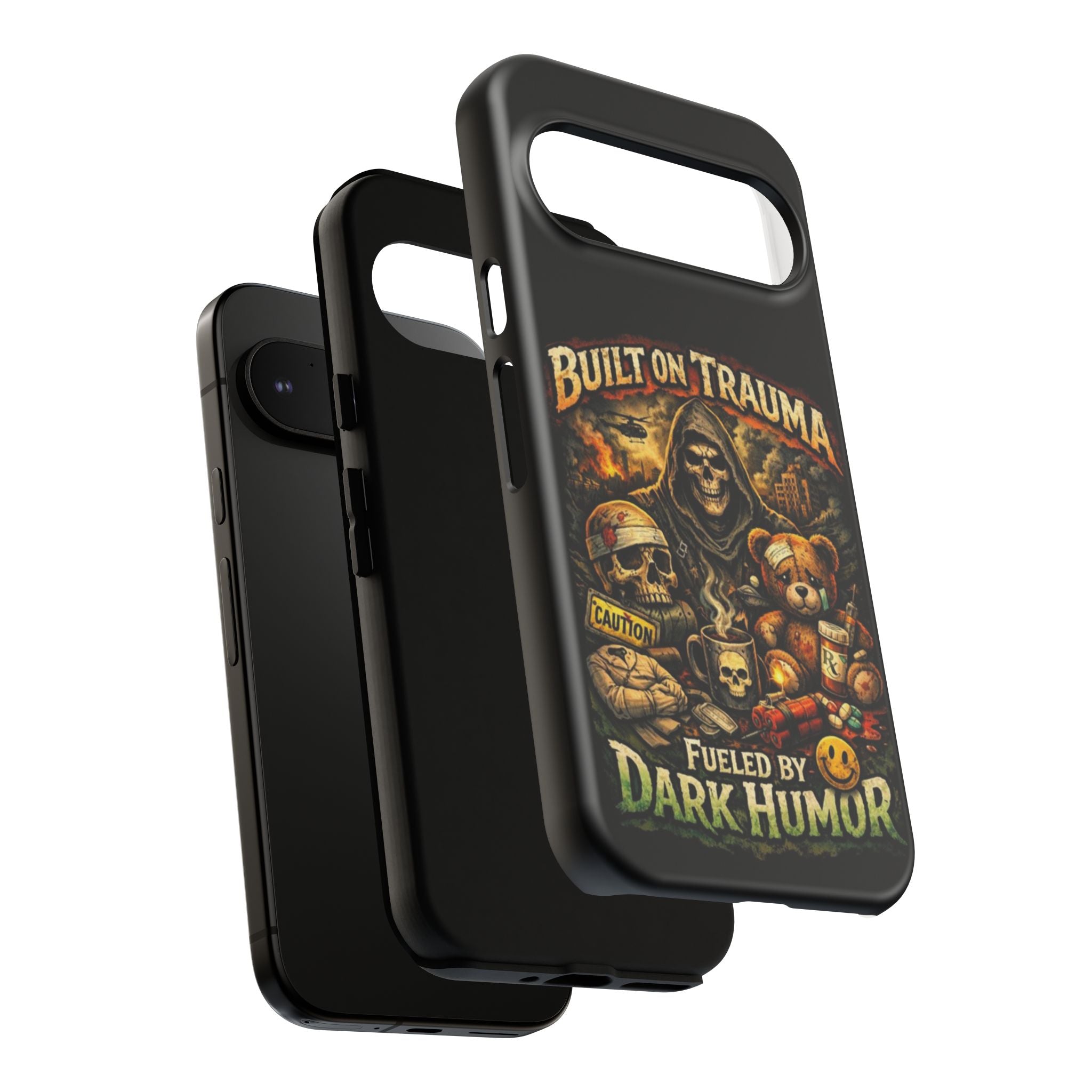 Phone Case — "Built on Trauma Fueled by Dark Humor" Grim Reaper Skull Teddy Design