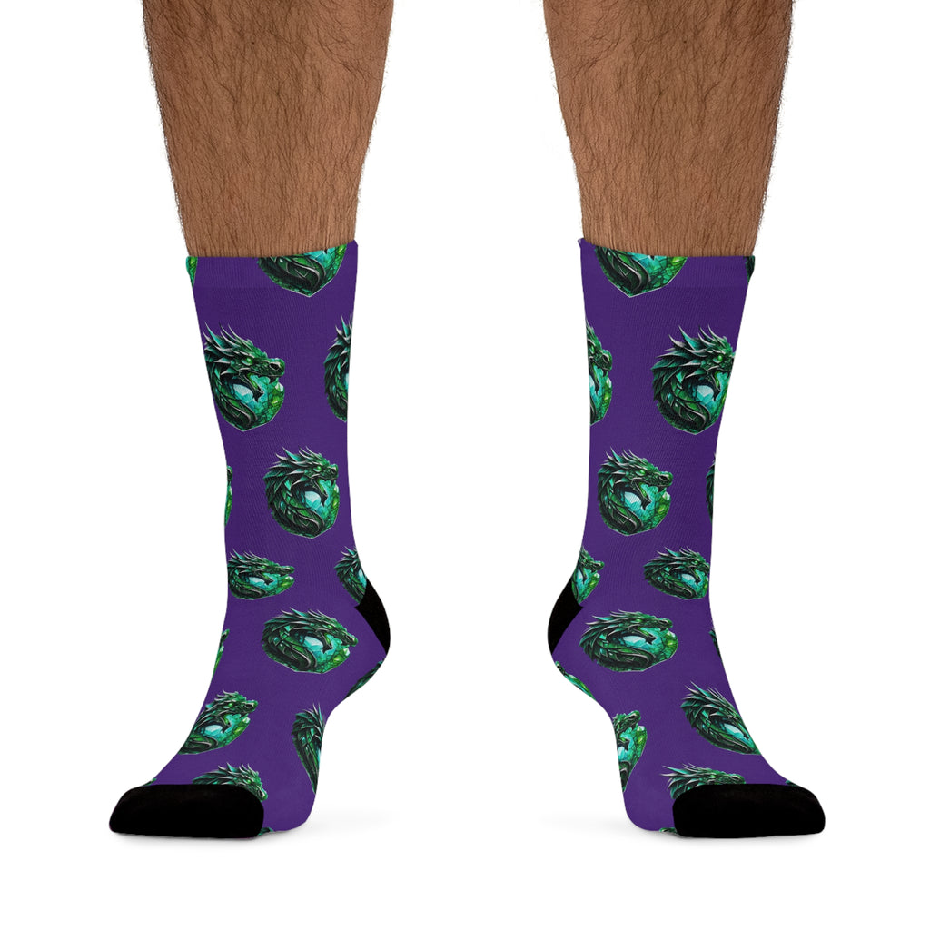 Green Dragon Heart Pattern Socks — Recycled-Poly Crew Socks, Eco-Friendly Fantasy Gift