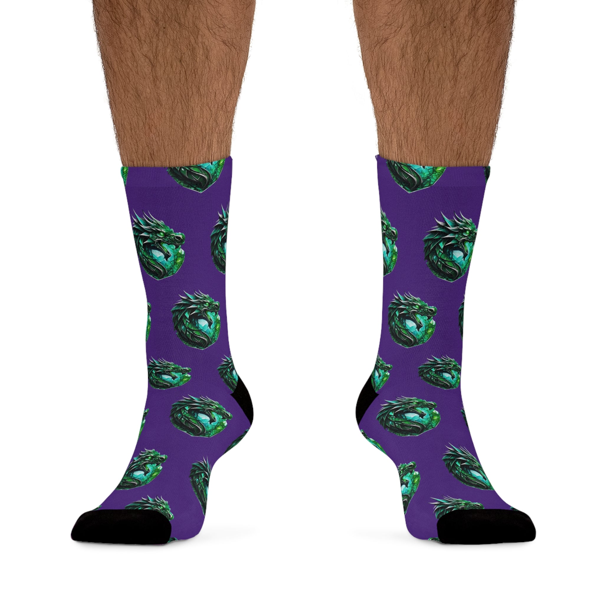 Green Dragon Heart Pattern Socks — Recycled-Poly Crew Socks, Eco-Friendly Fantasy Gift