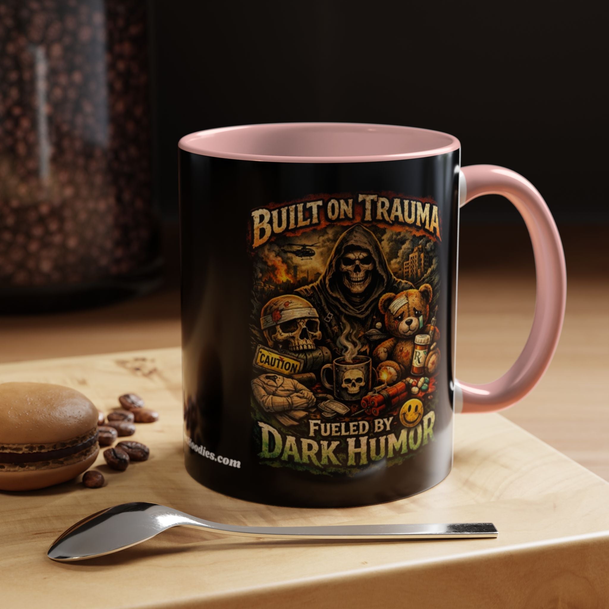 Coffee Mug — "Built on Trauma, Fueled by Dark Humor" Gothic Skull Accent Mug