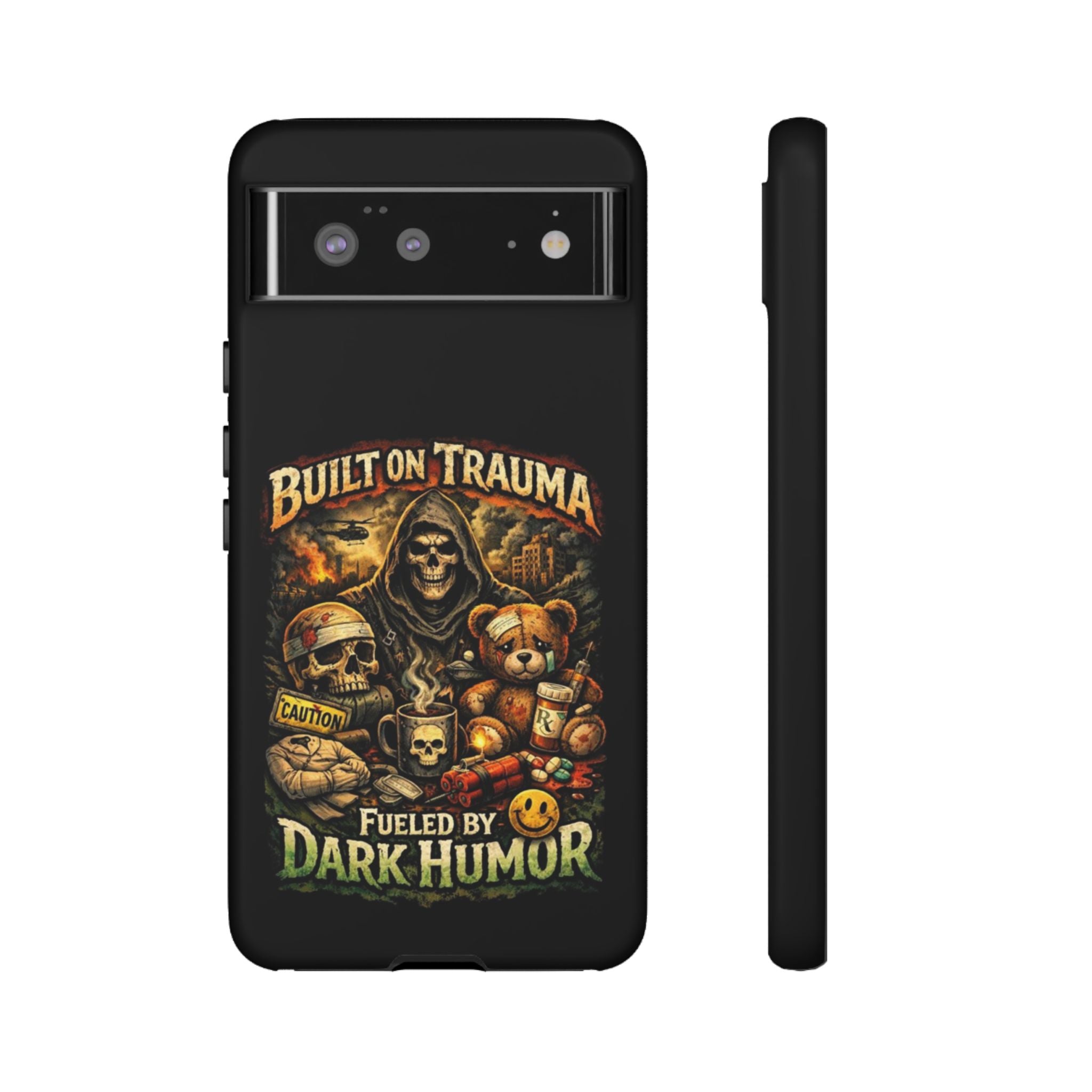 Phone Case — "Built on Trauma Fueled by Dark Humor" Grim Reaper Skull Teddy Design