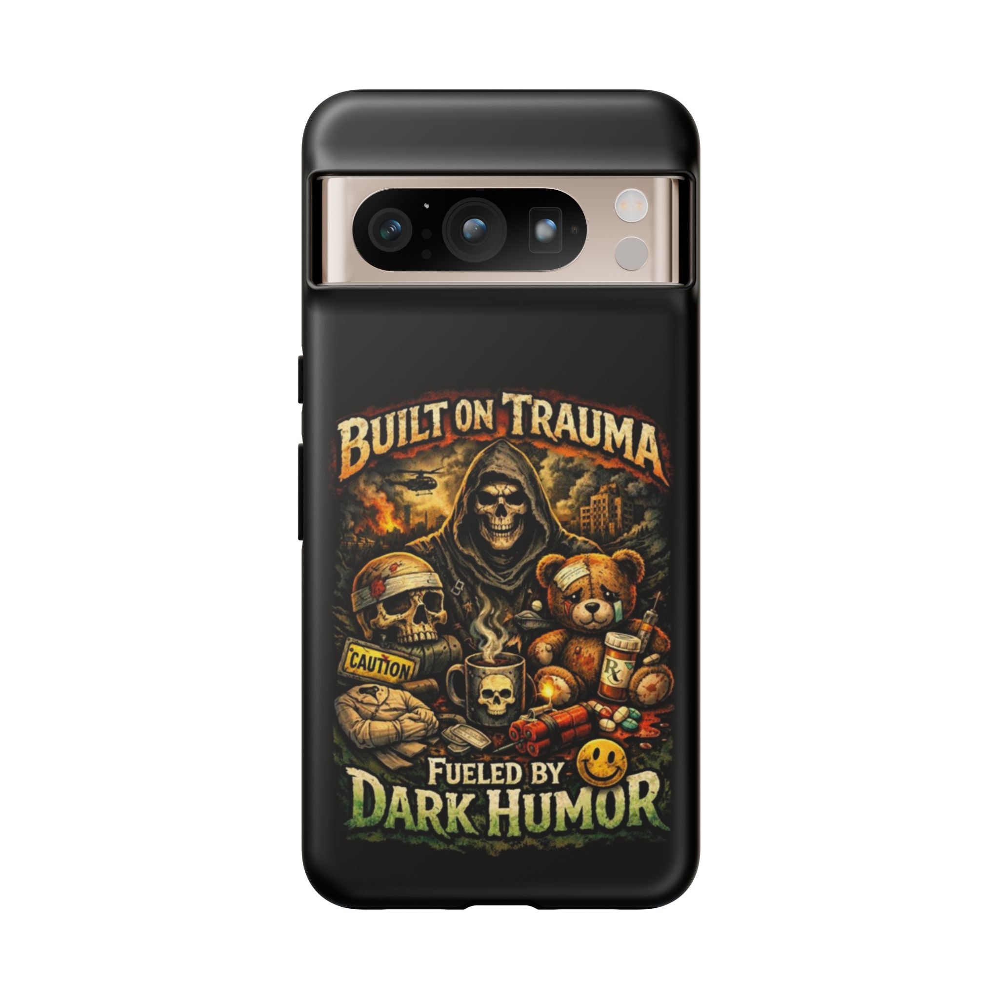 Phone Case — "Built on Trauma Fueled by Dark Humor" Grim Reaper Skull Teddy Design