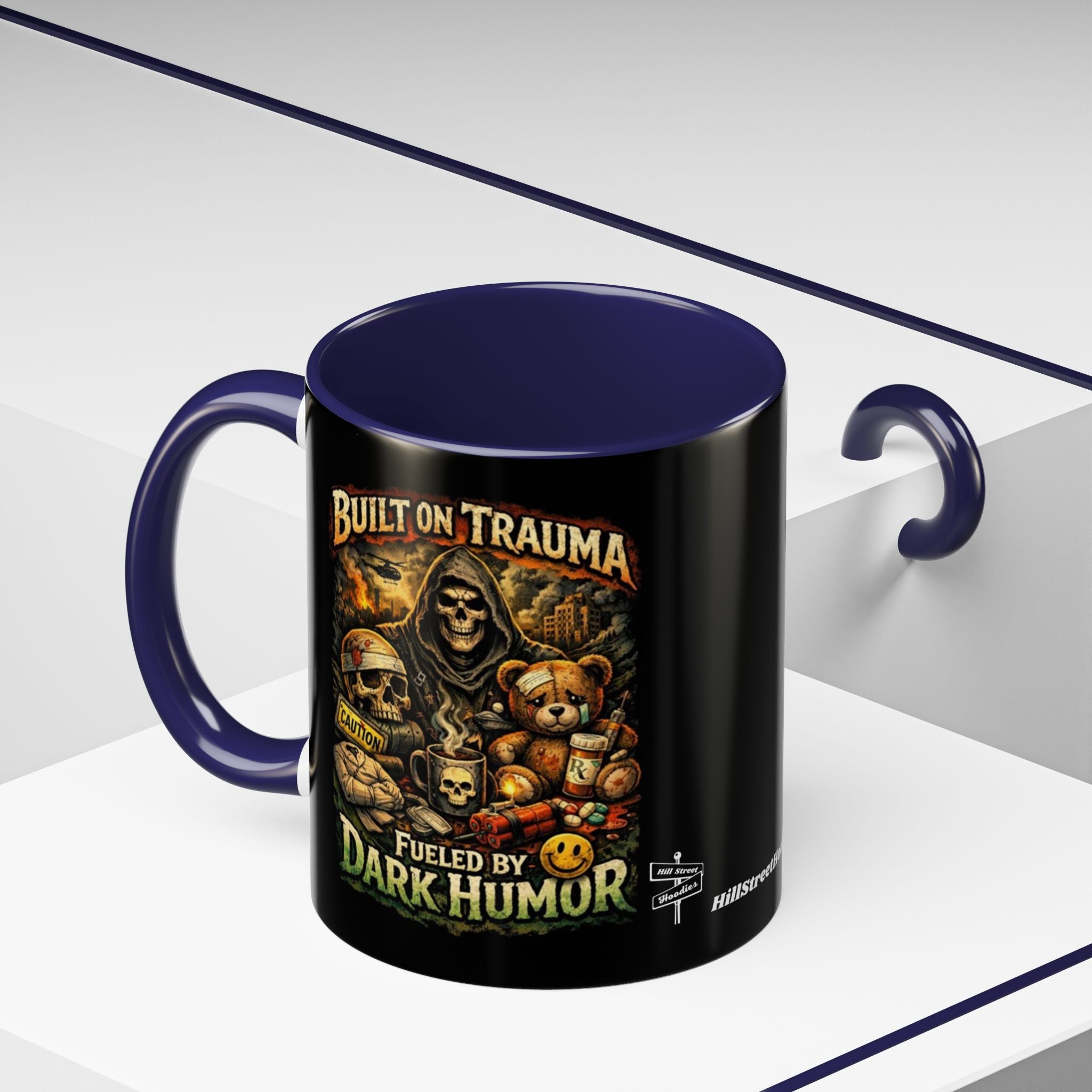 Coffee Mug — "Built on Trauma, Fueled by Dark Humor" Gothic Skull Accent Mug