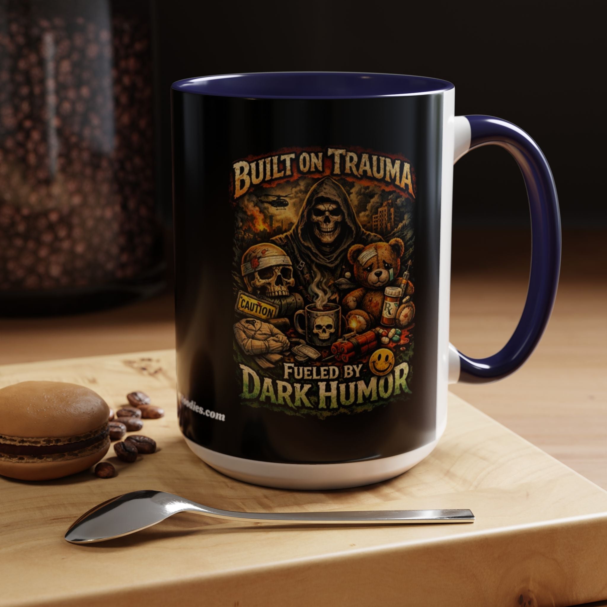 Coffee Mug — "Built on Trauma, Fueled by Dark Humor" Gothic Skull Accent Mug