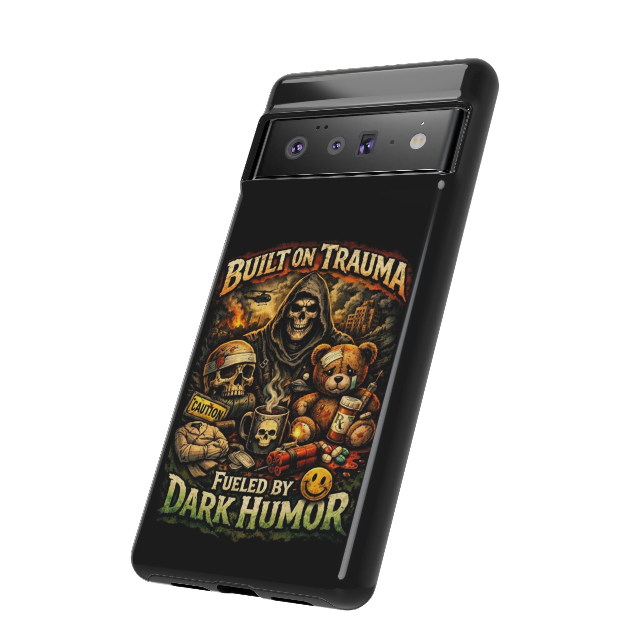 Phone Case — "Built on Trauma Fueled by Dark Humor" Grim Reaper Skull Teddy Design