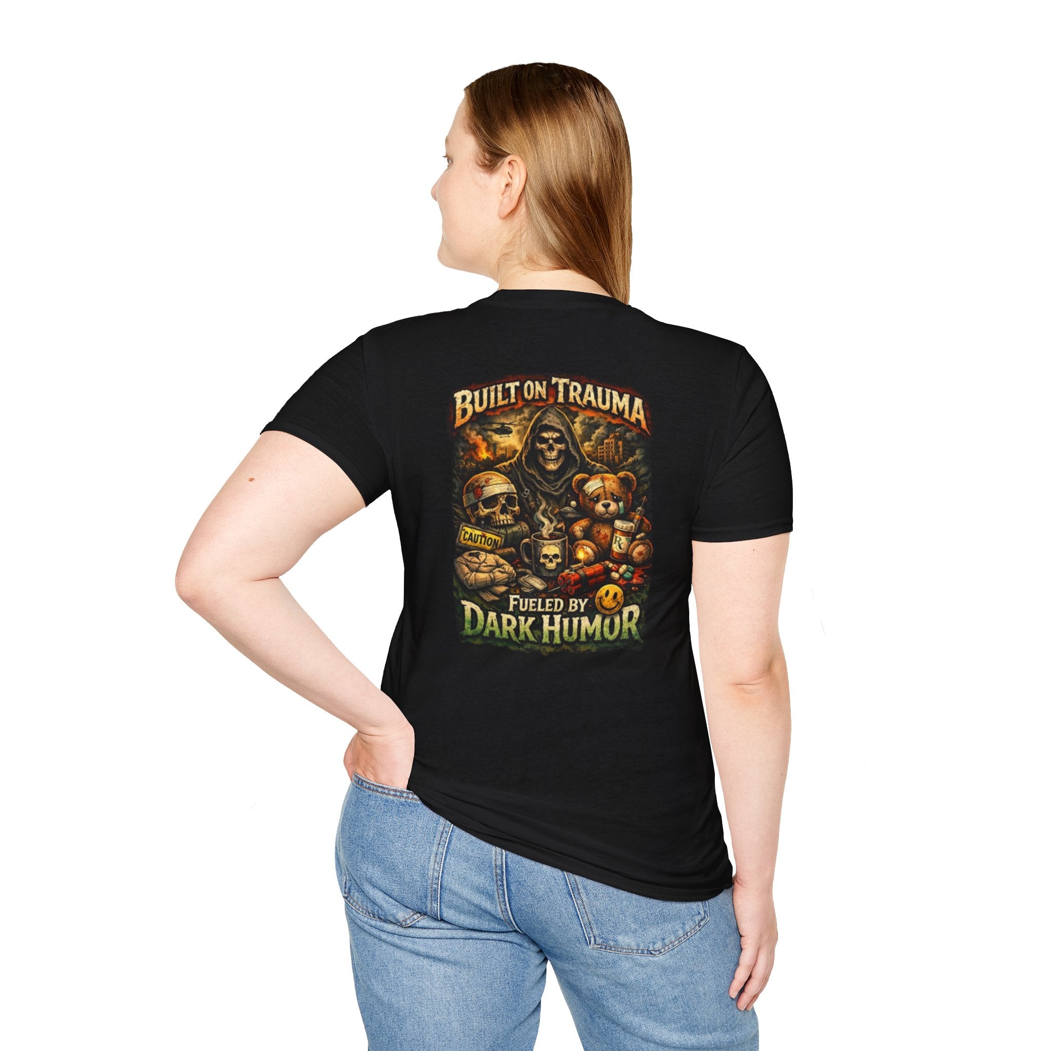 Built on Trauma Graphic T-Shirt — Dark Humor Skull & Teddy Design
